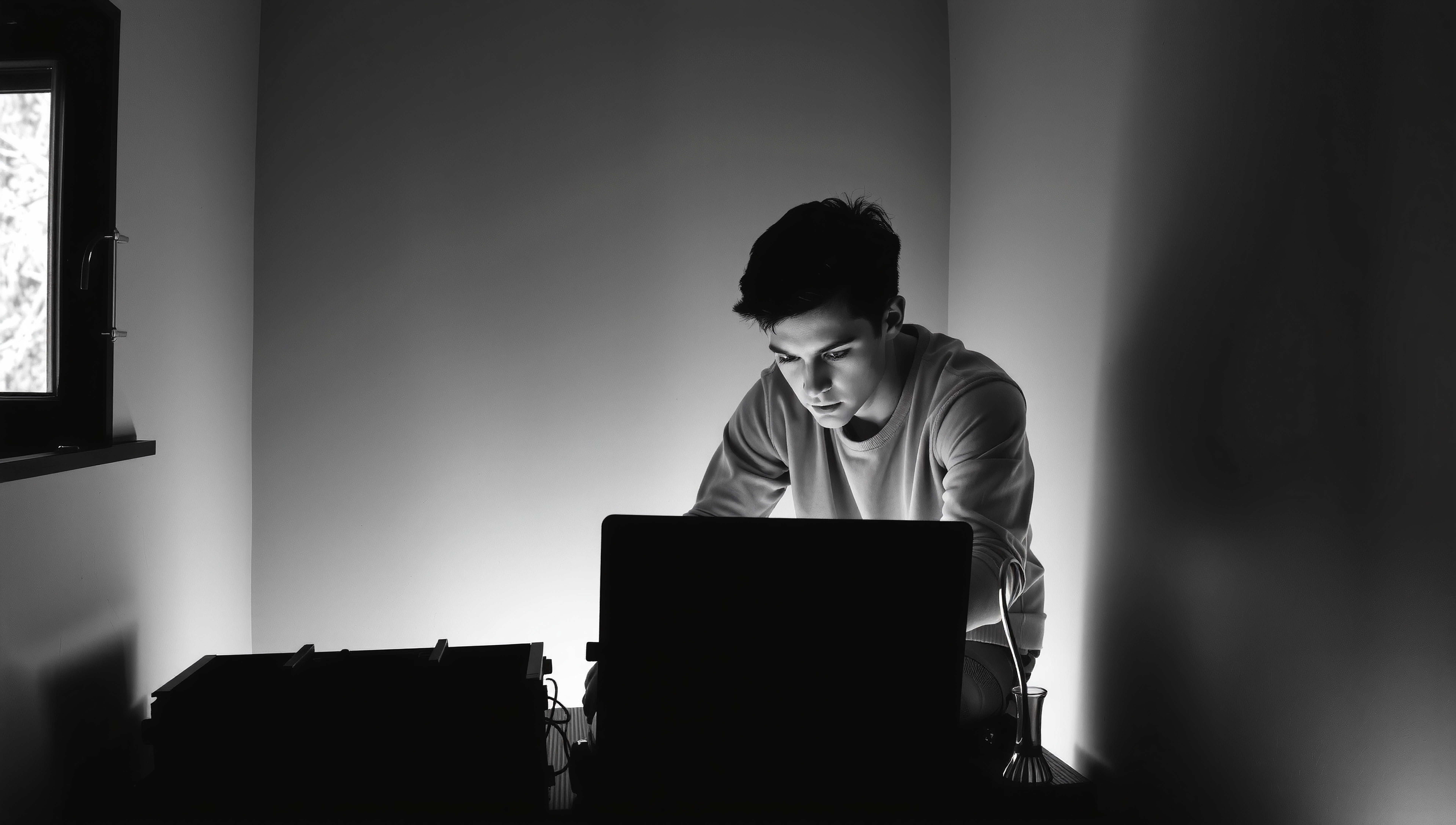 Young man focused on laptop work in dimly lit room with electronic devices around.