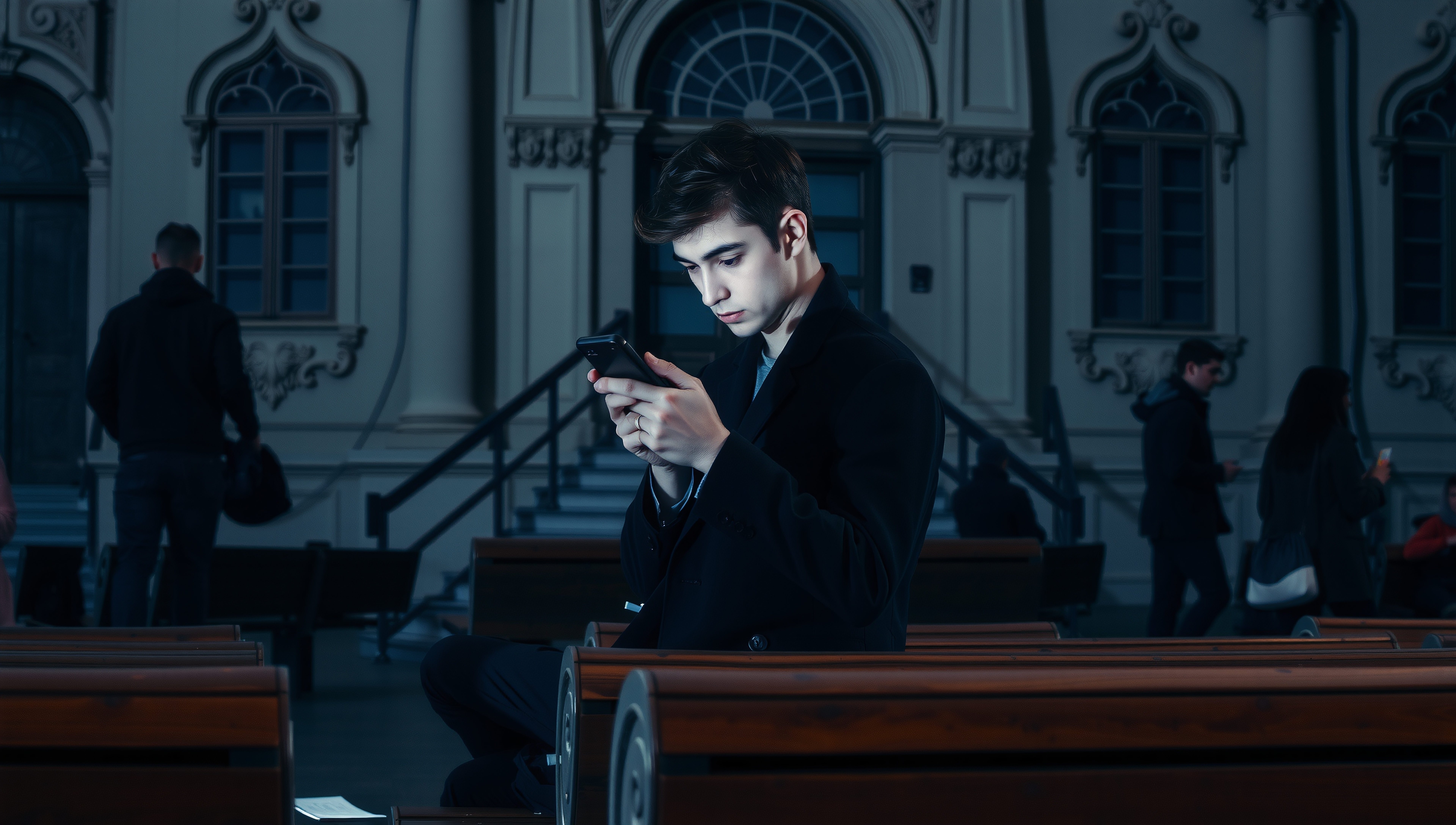 Young man focused on smartphone while sitting on a bench in front of an ornate building in an urban setting.