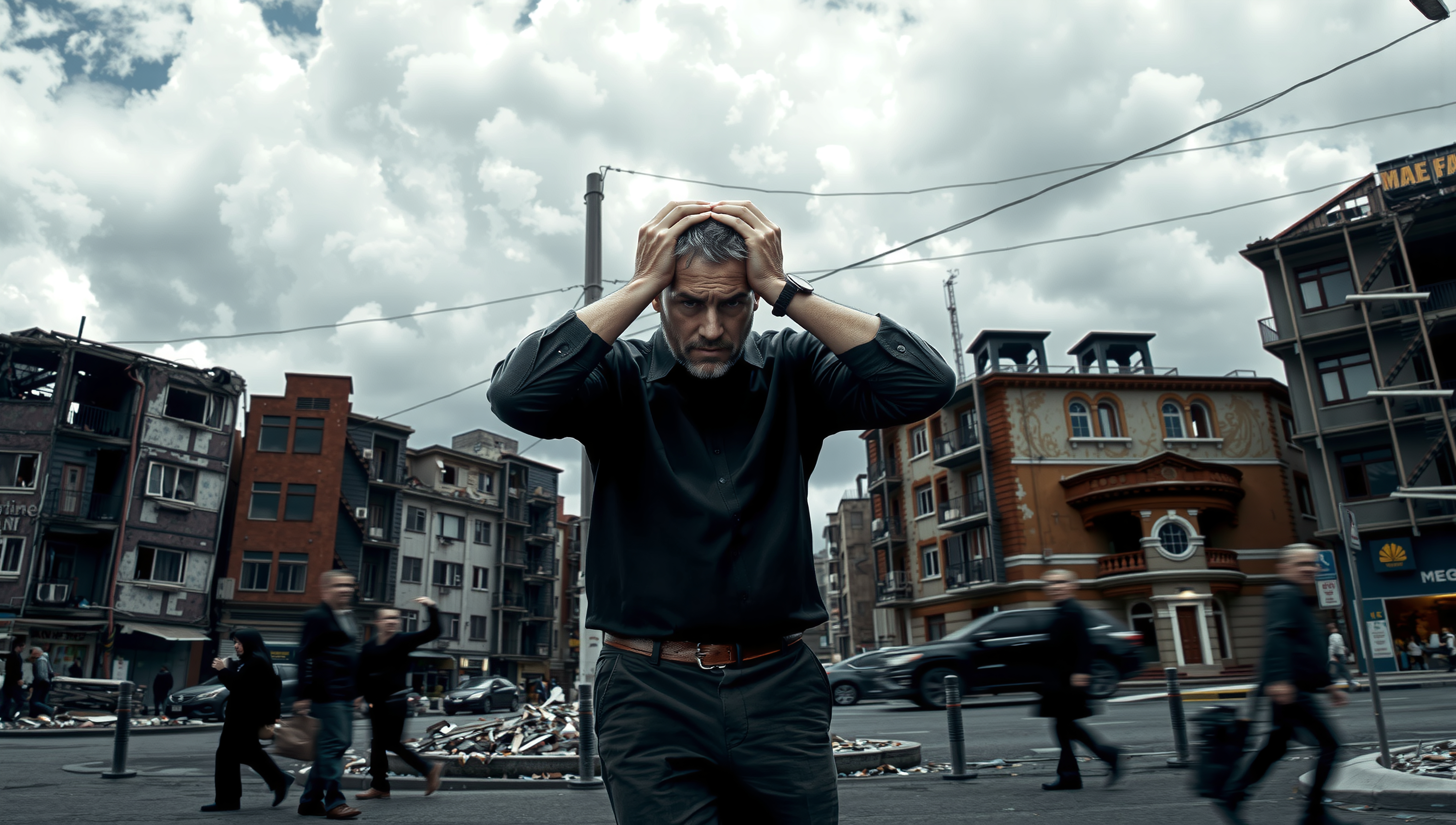 Man holding head in panic during urban catastrophe