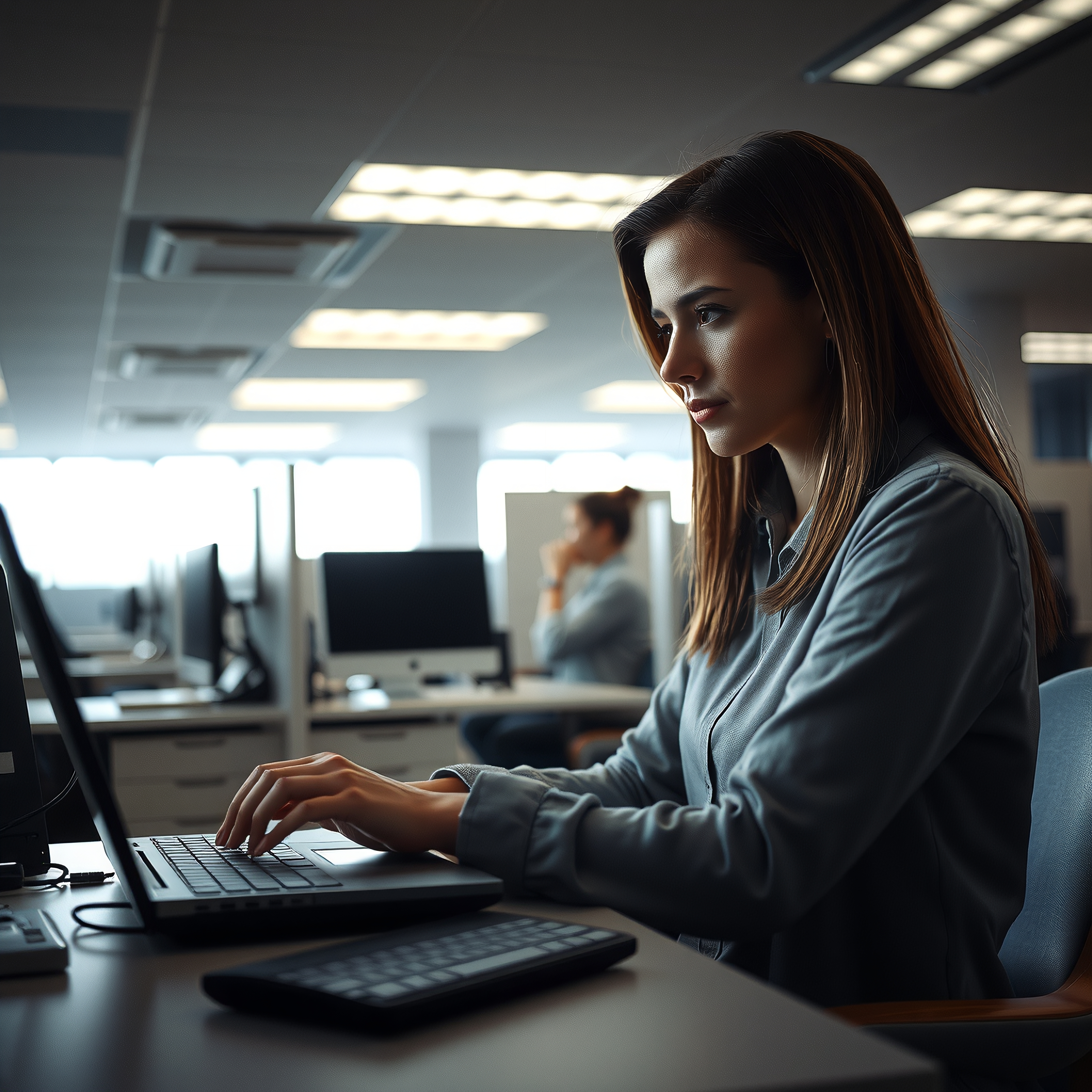 A woman works on a laptop in a bright, modern office environment, embodying focus and professionalism.