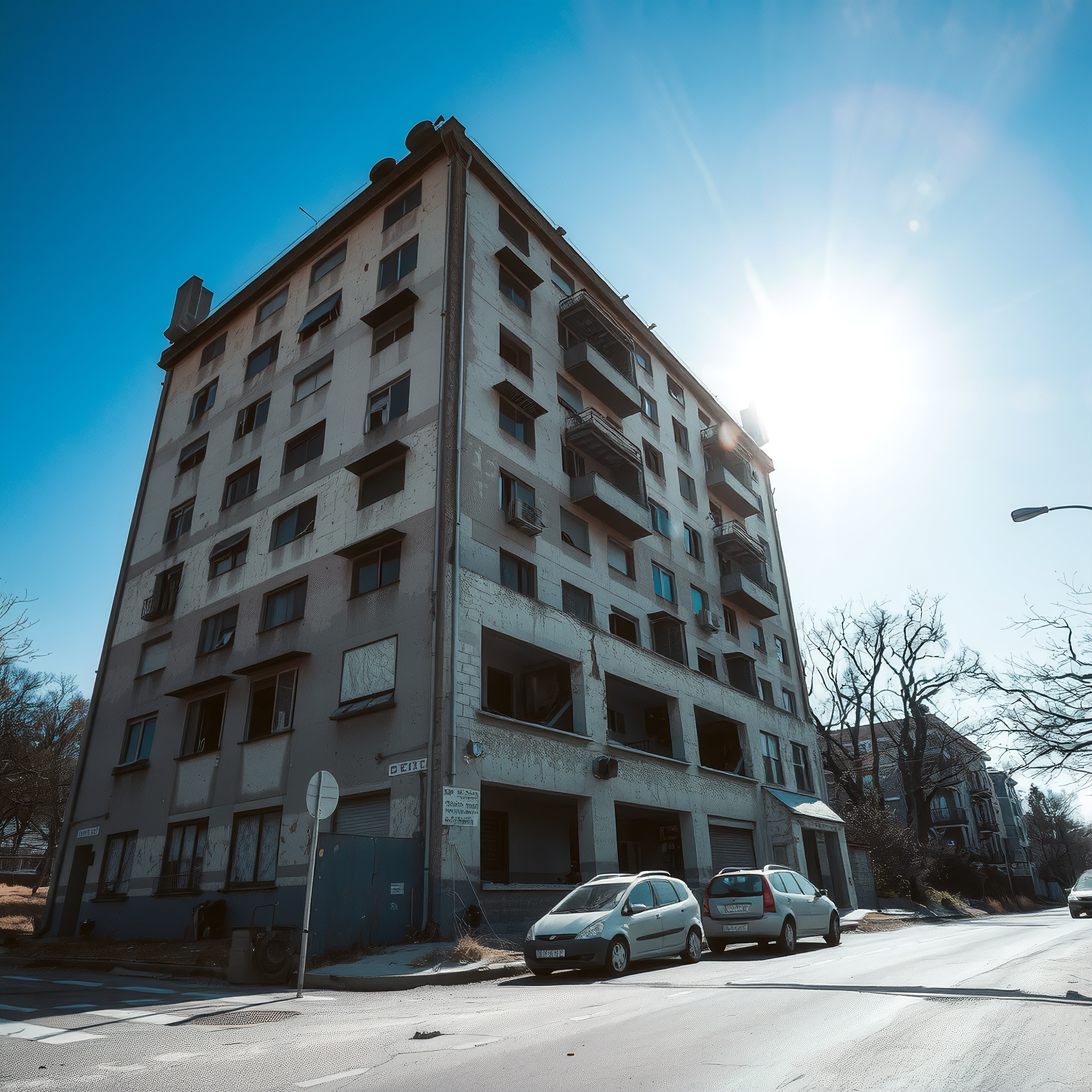 Old urban apartment building under the bright sun with clear sky and cars parked below.