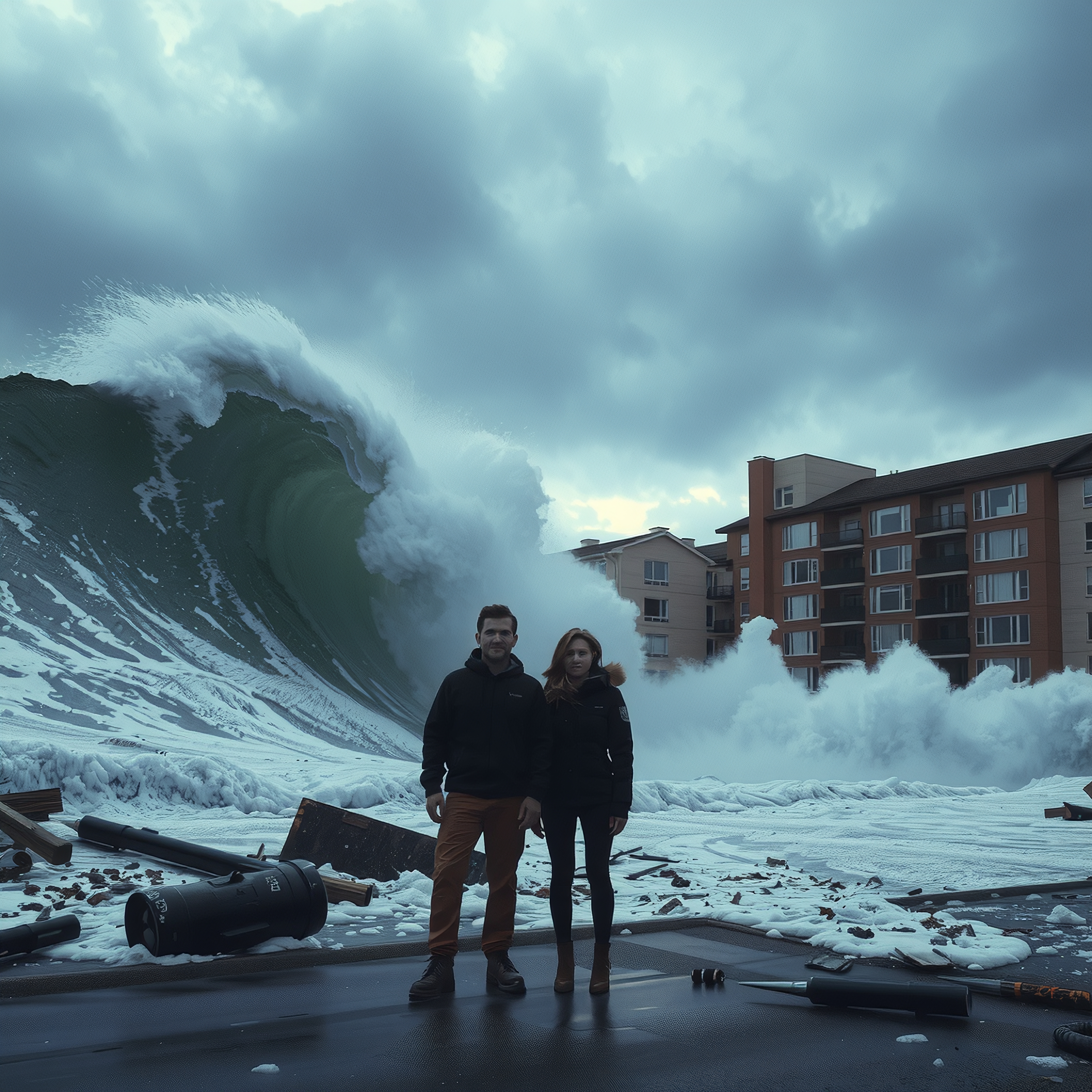 A massive ocean wave crashes near an apartment building with two people standing nearby.