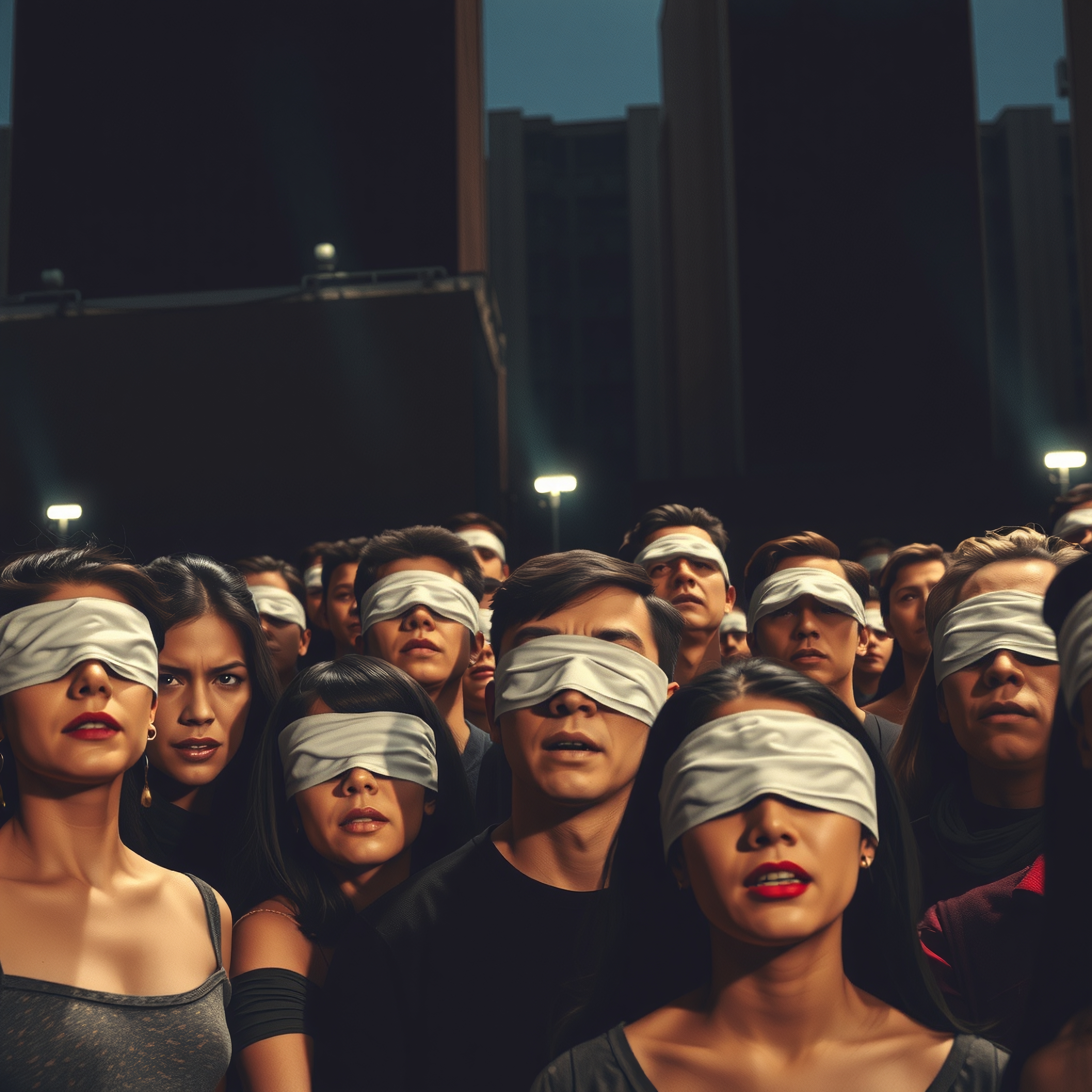 A group of blindfolded people stands together in a dimly lit urban setting, evoking mystery and unity.