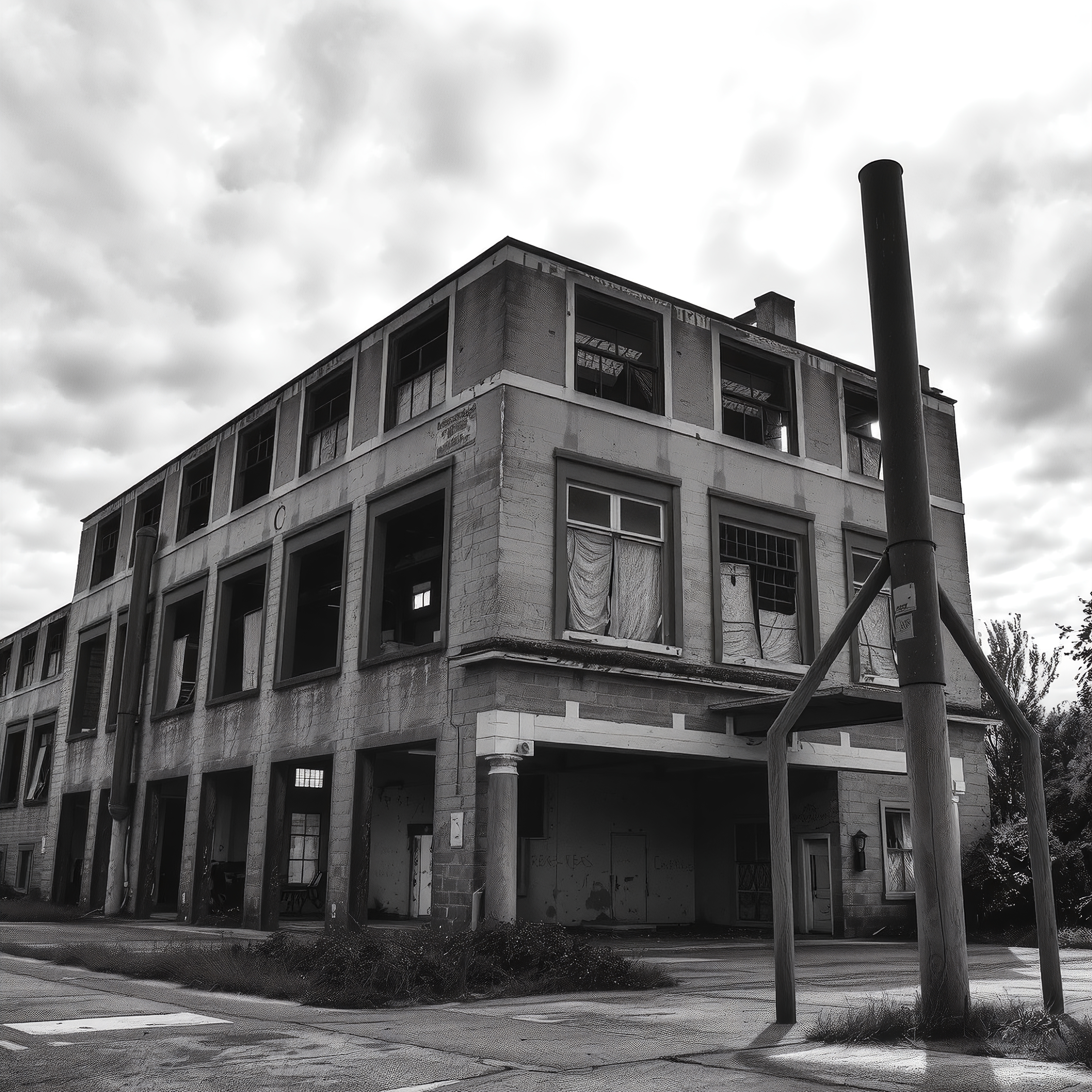 Abandoned industrial building with overcast sky, broken windows.