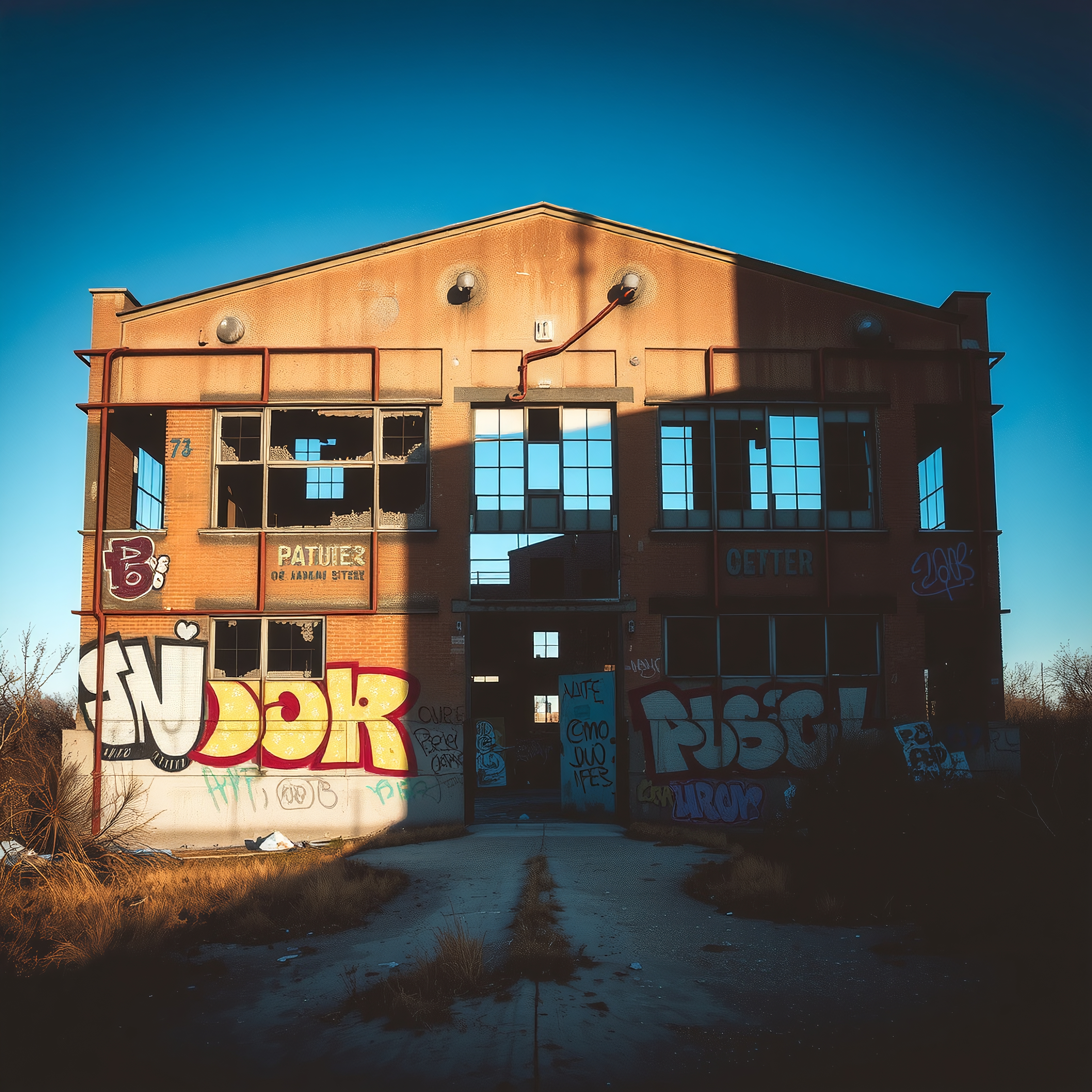 Abandoned industrial building with colorful graffiti covering its facade, broken windows, and surrounded by overgrown vegetation under a clear blue sky.
