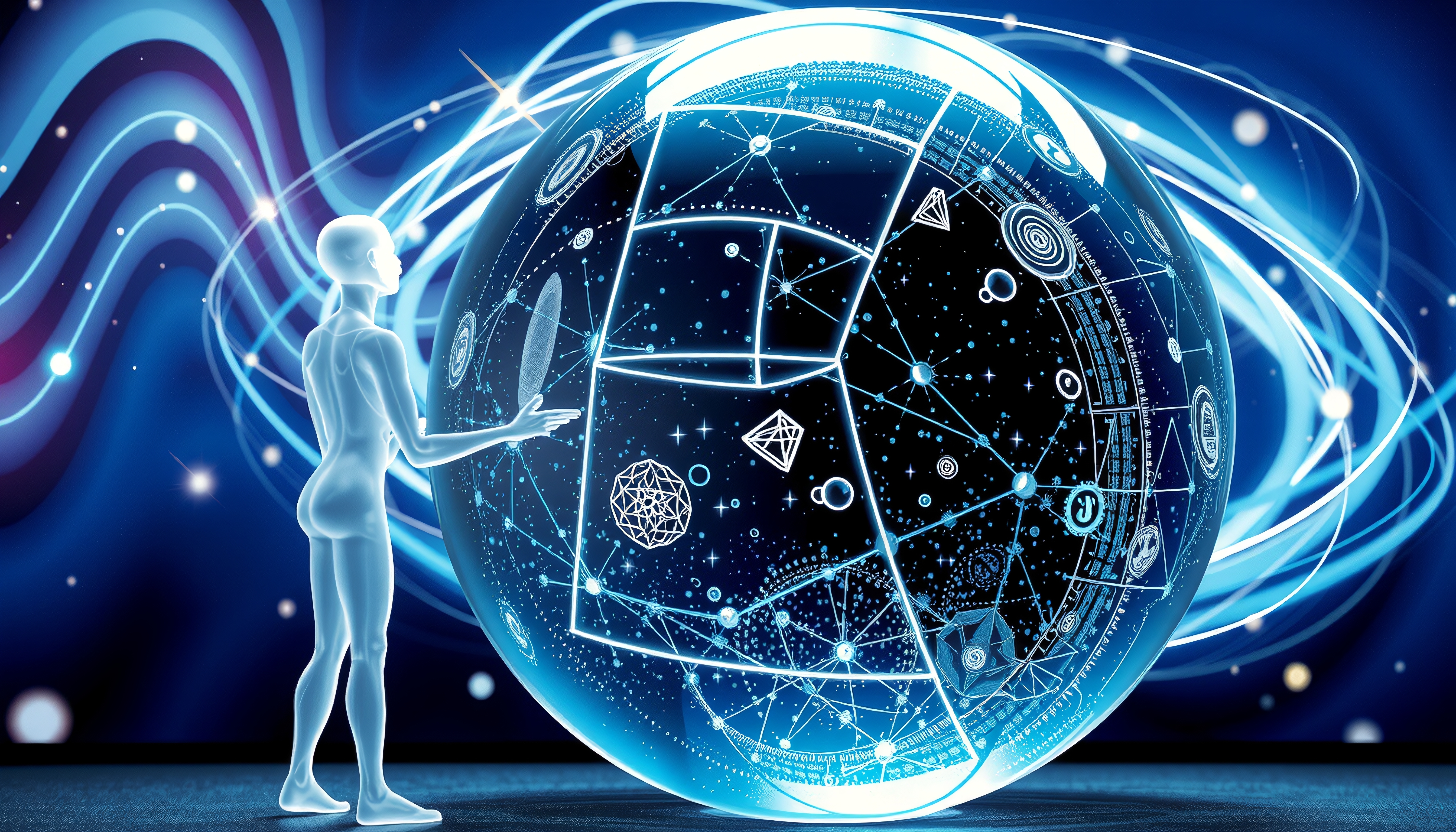Futuristic humanoid interacting with glowing geometric sphere in cosmic setting.