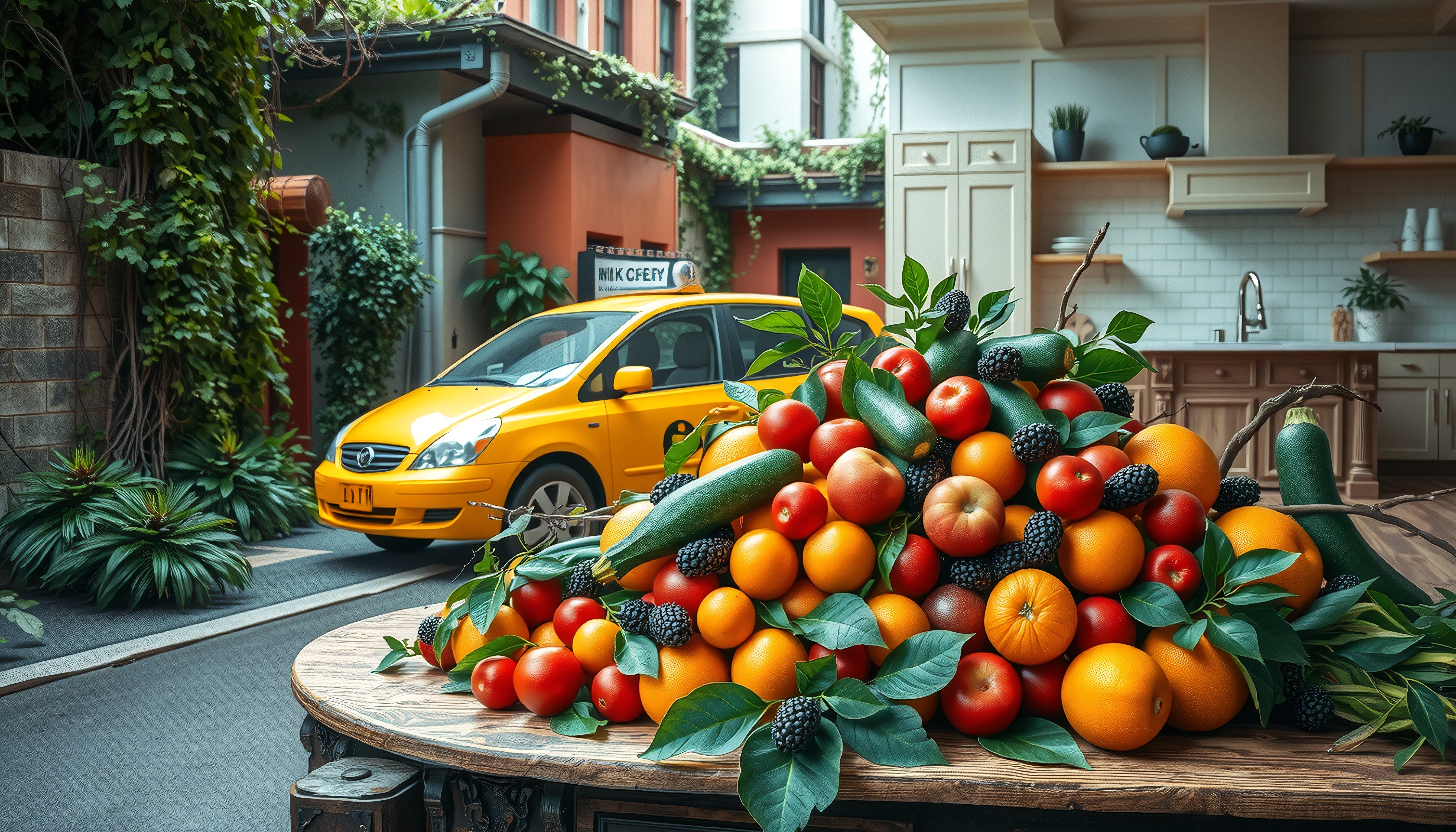 Vibrant fruits and vegetables juxtaposed with city taxi and kitchen.