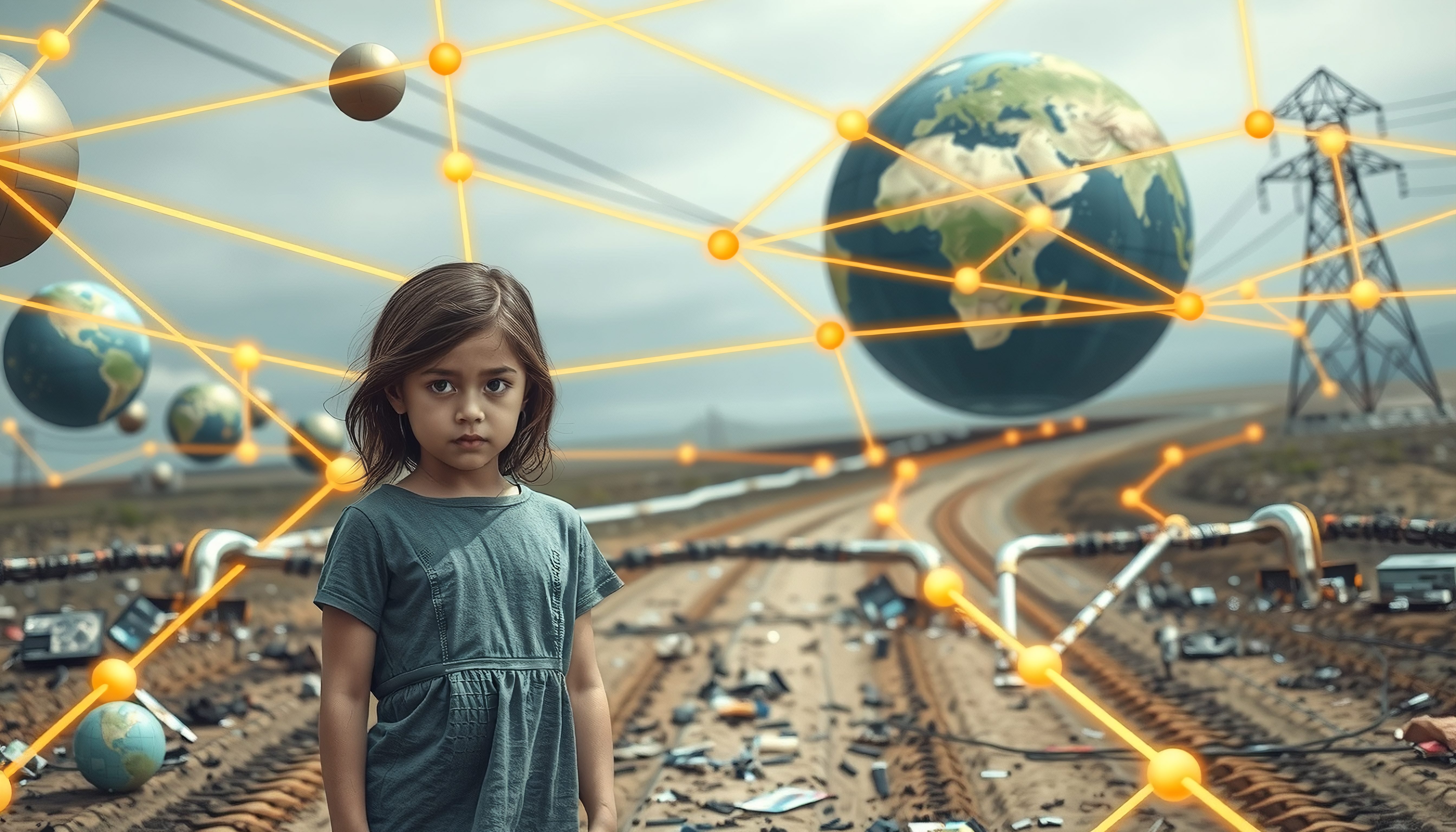 Girl amid digital debris watching interconnected worlds collapse