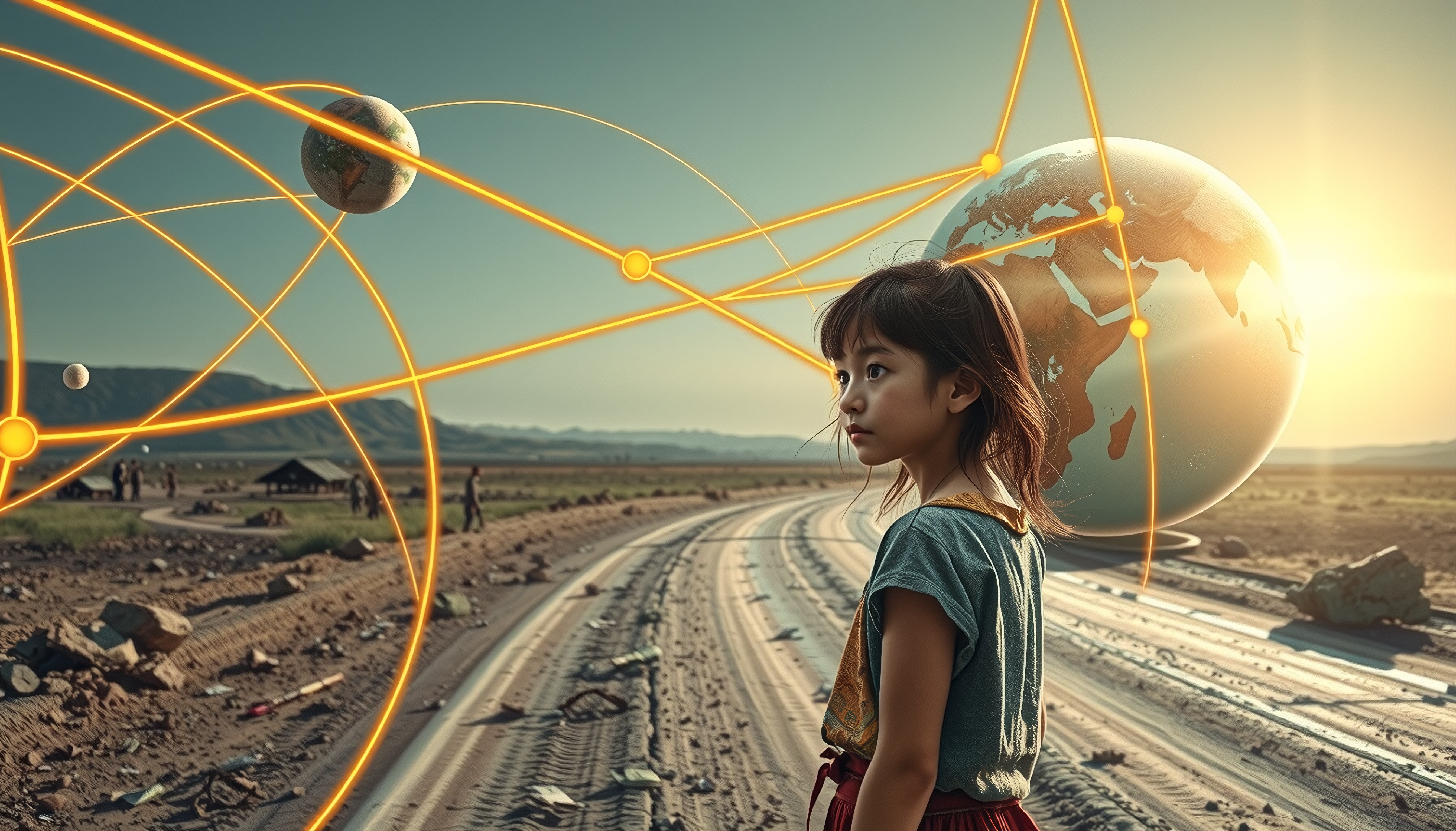 A young girl on a road with a globe and orbiting planets surrounded by glowing lines under the sun.