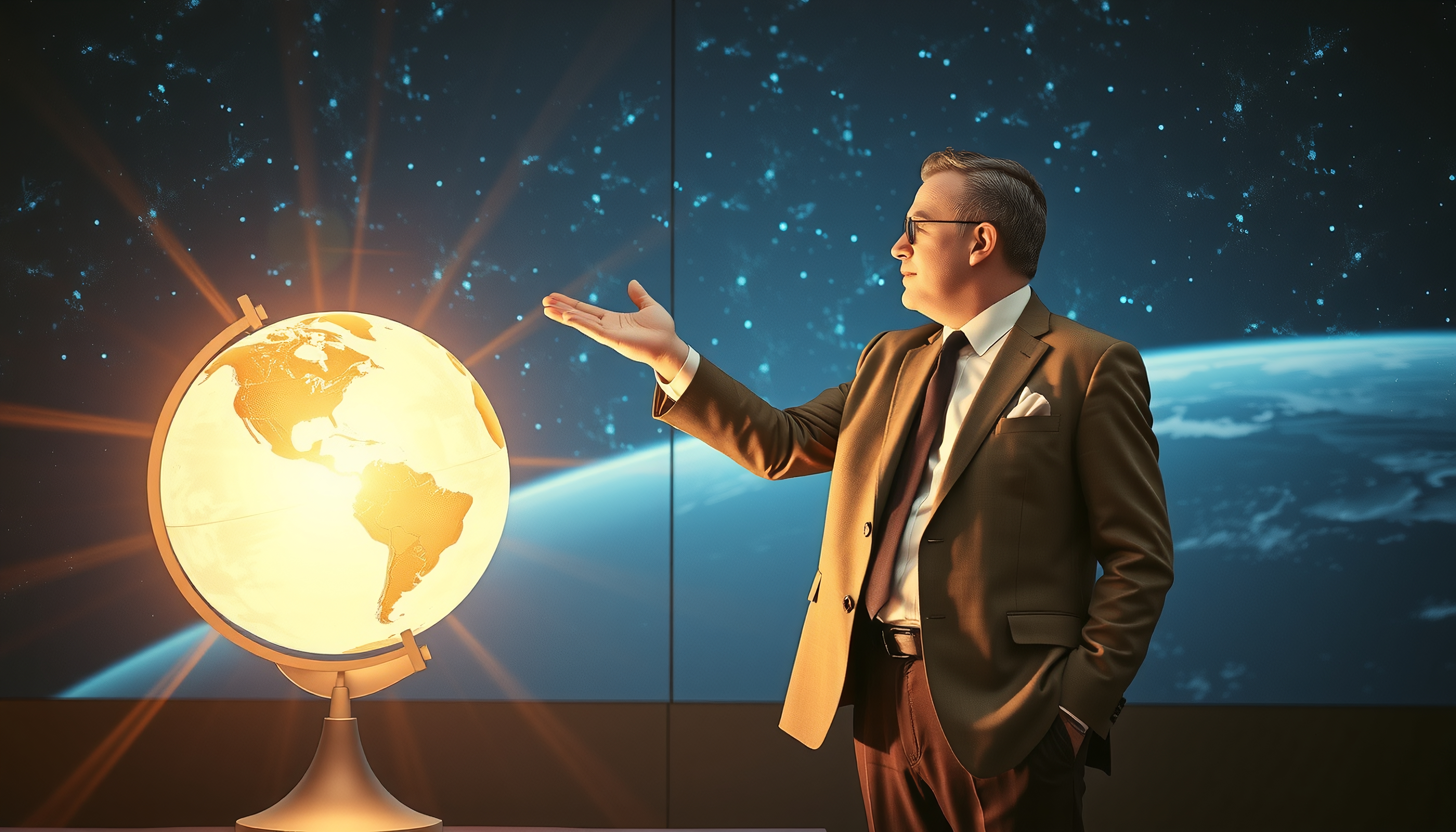A suited man gesturing to an illuminated globe with starry background.