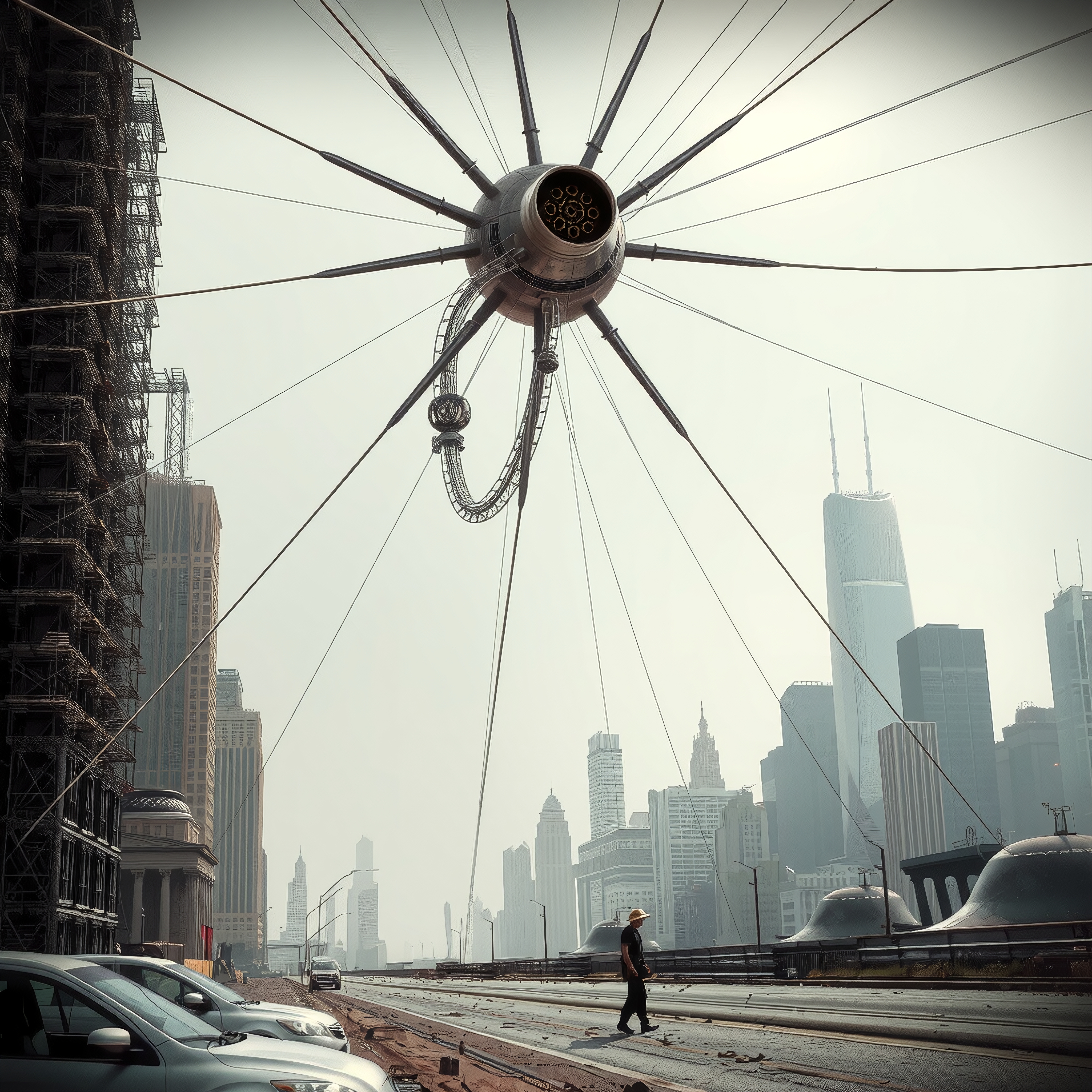 A futuristic drone hovers over a modern cityscape.
