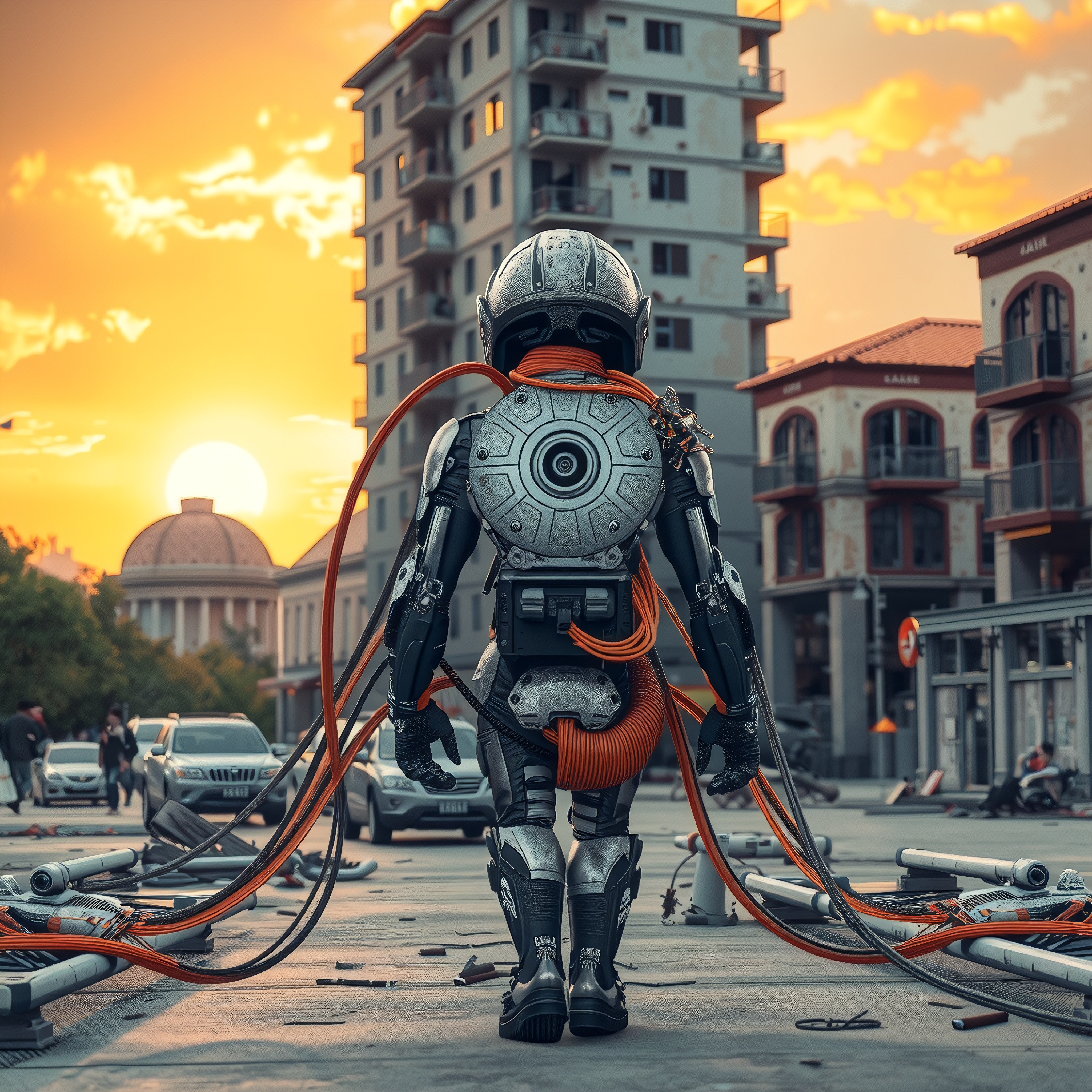 A robot wired with cables stands in a city as the sun sets.