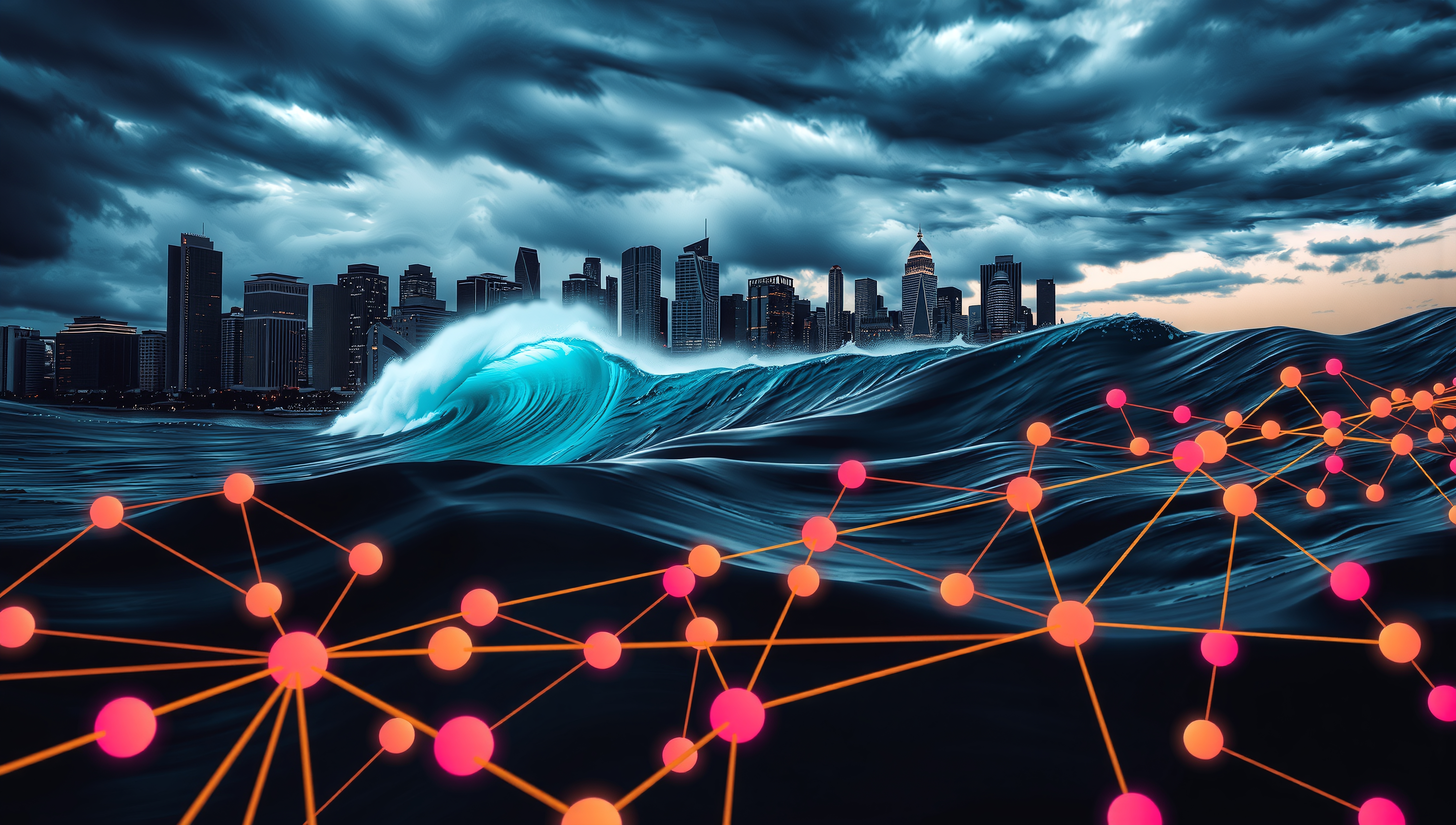 Dramatic city skyline with digital network overlay.