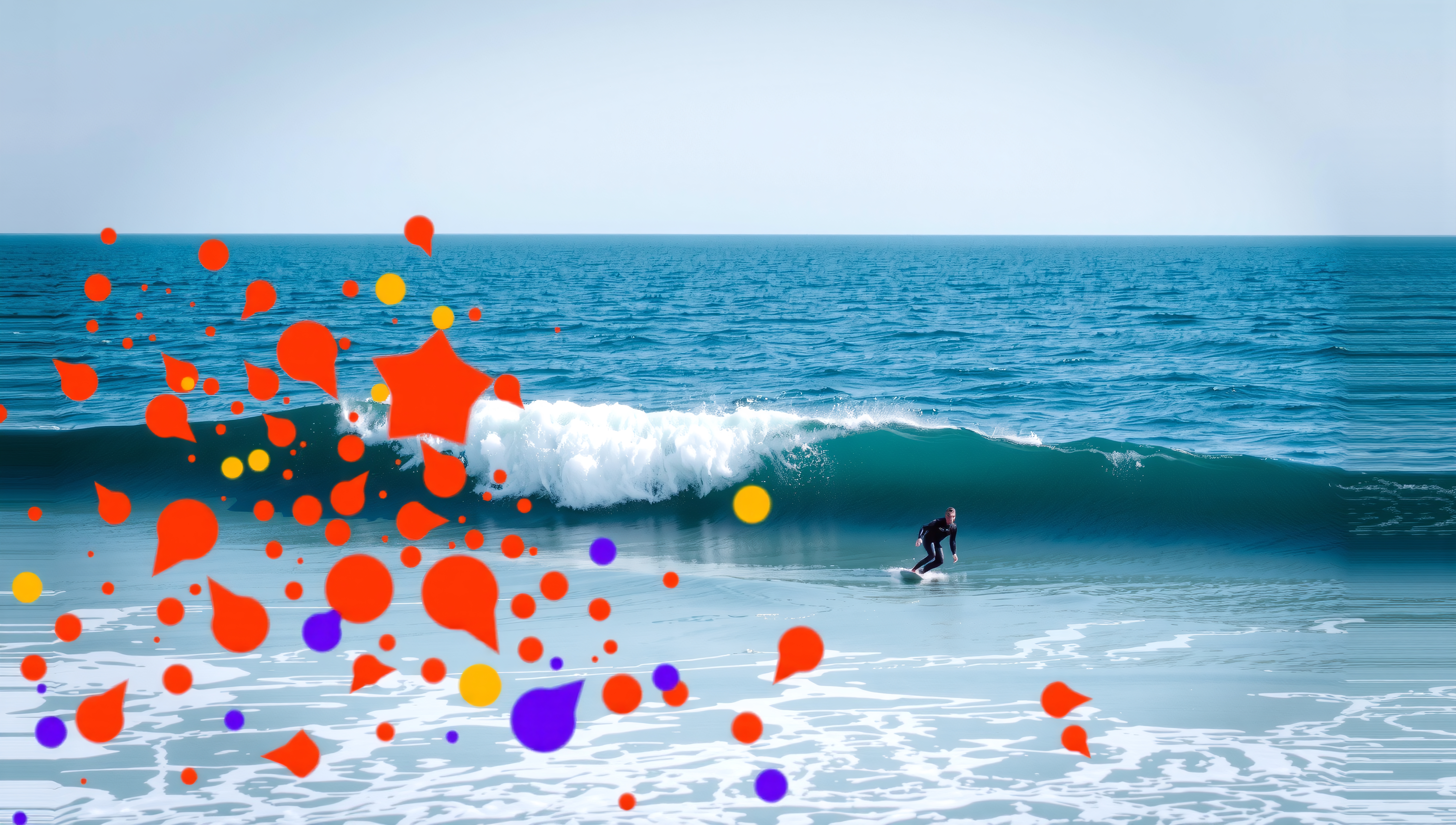 Surfer rides wave with colorful abstract design.