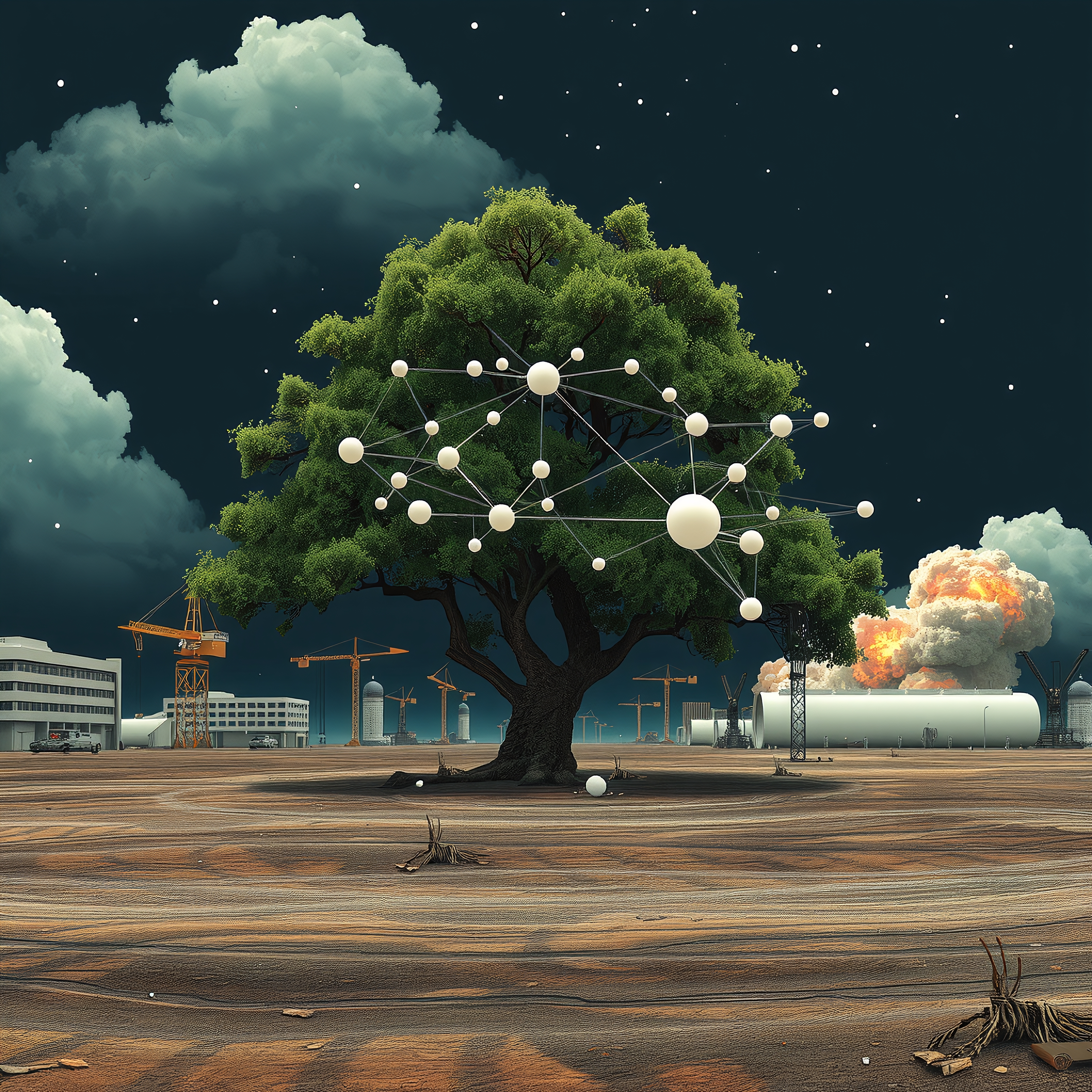 A tree with network of spheres stands against an industrial and starry background.