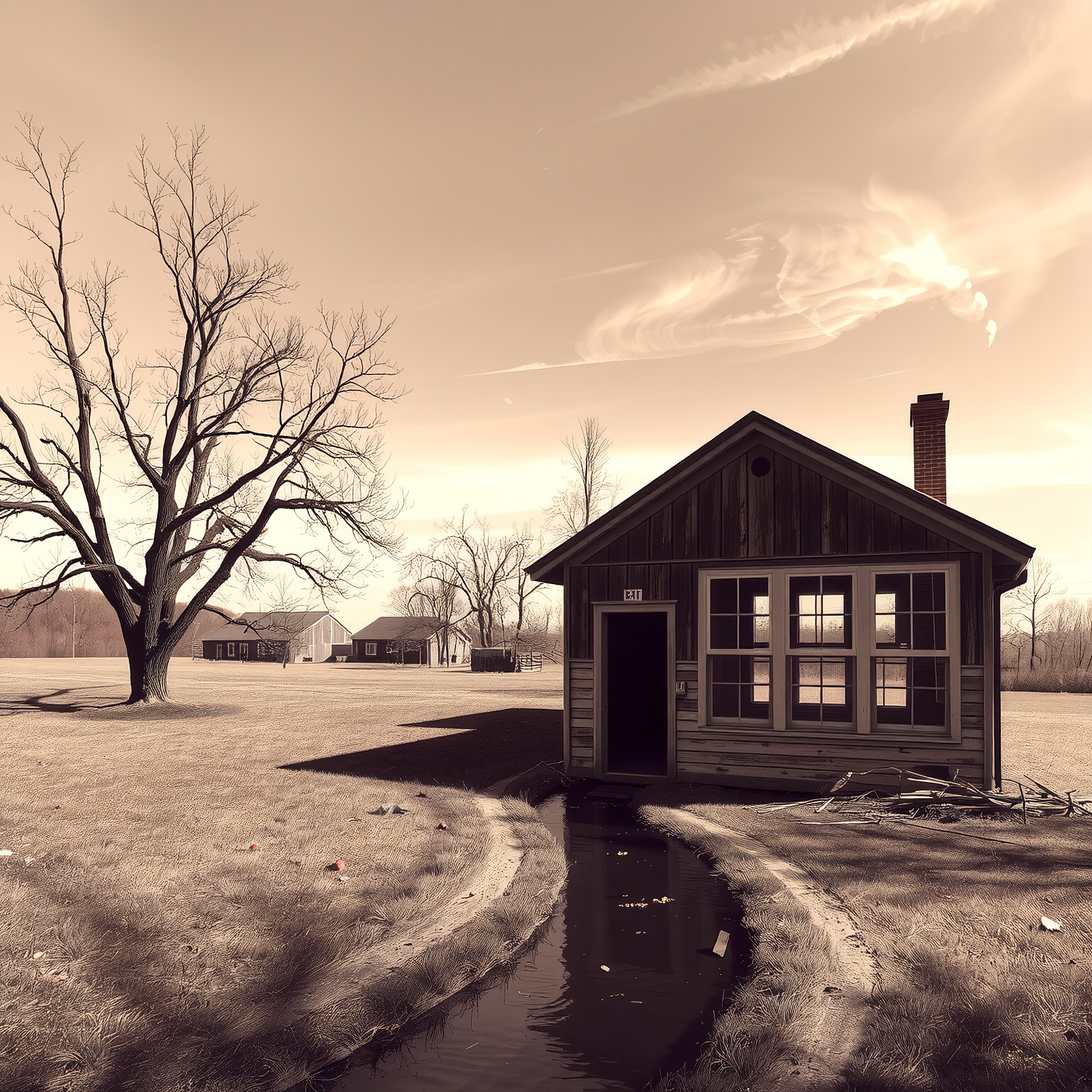 A sepia-toned rural scene of a small wooden house with a stream, in a vast field under a cloud-dotted sky.