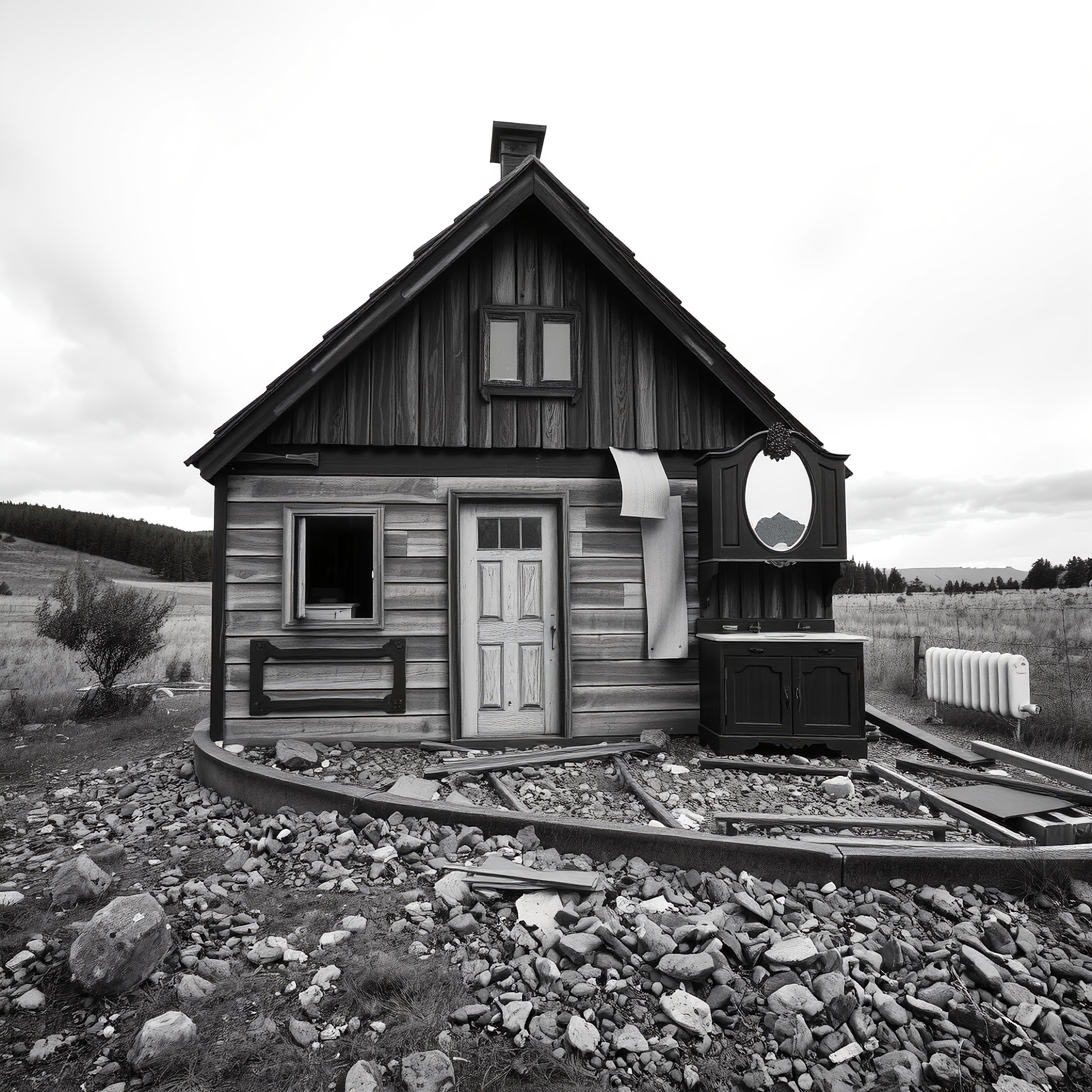 Cabin Contrasts Against Rocky Landscape