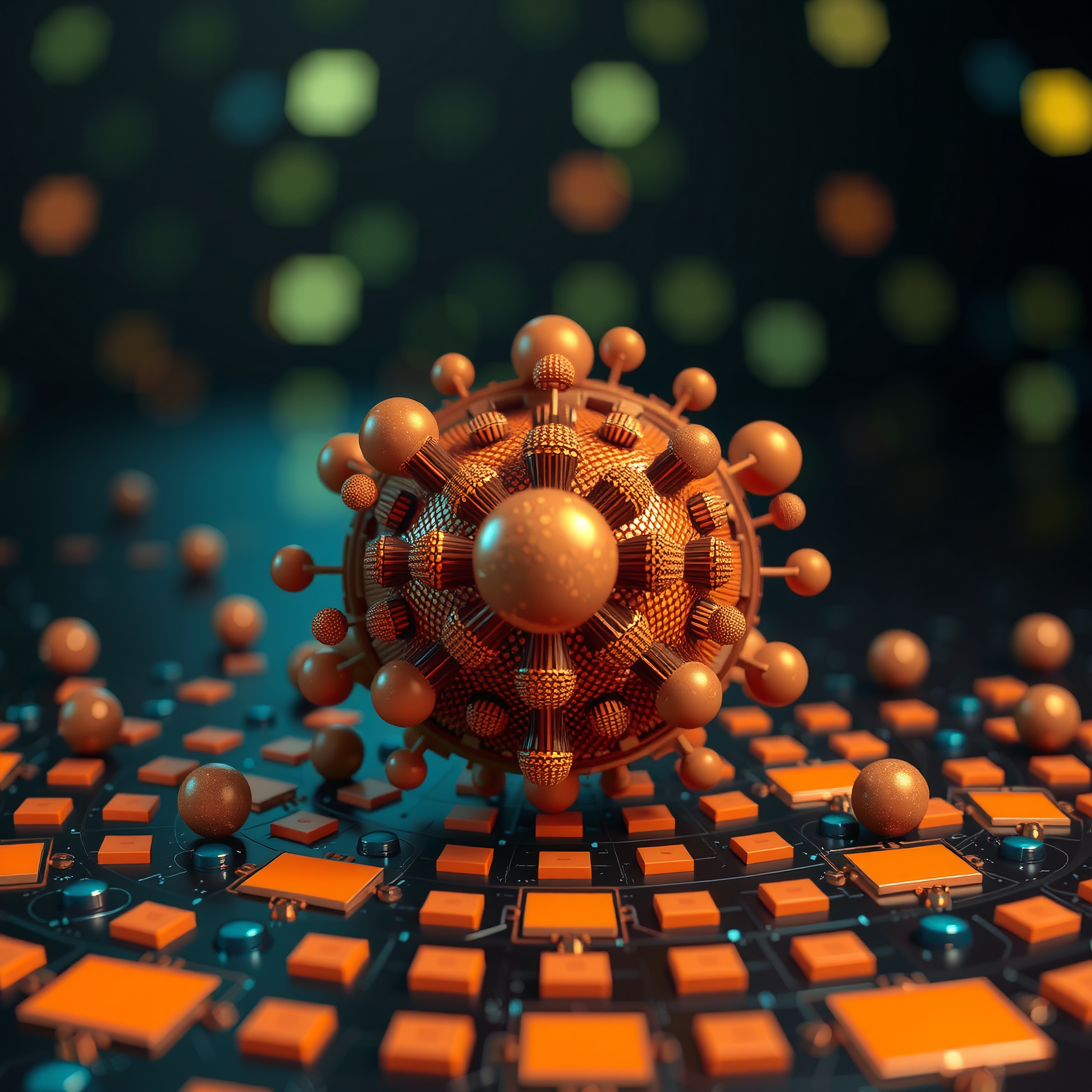 Abstract virus on a circuit board with vibrant orange details, blending technology and biology in a futuristic digital concept.