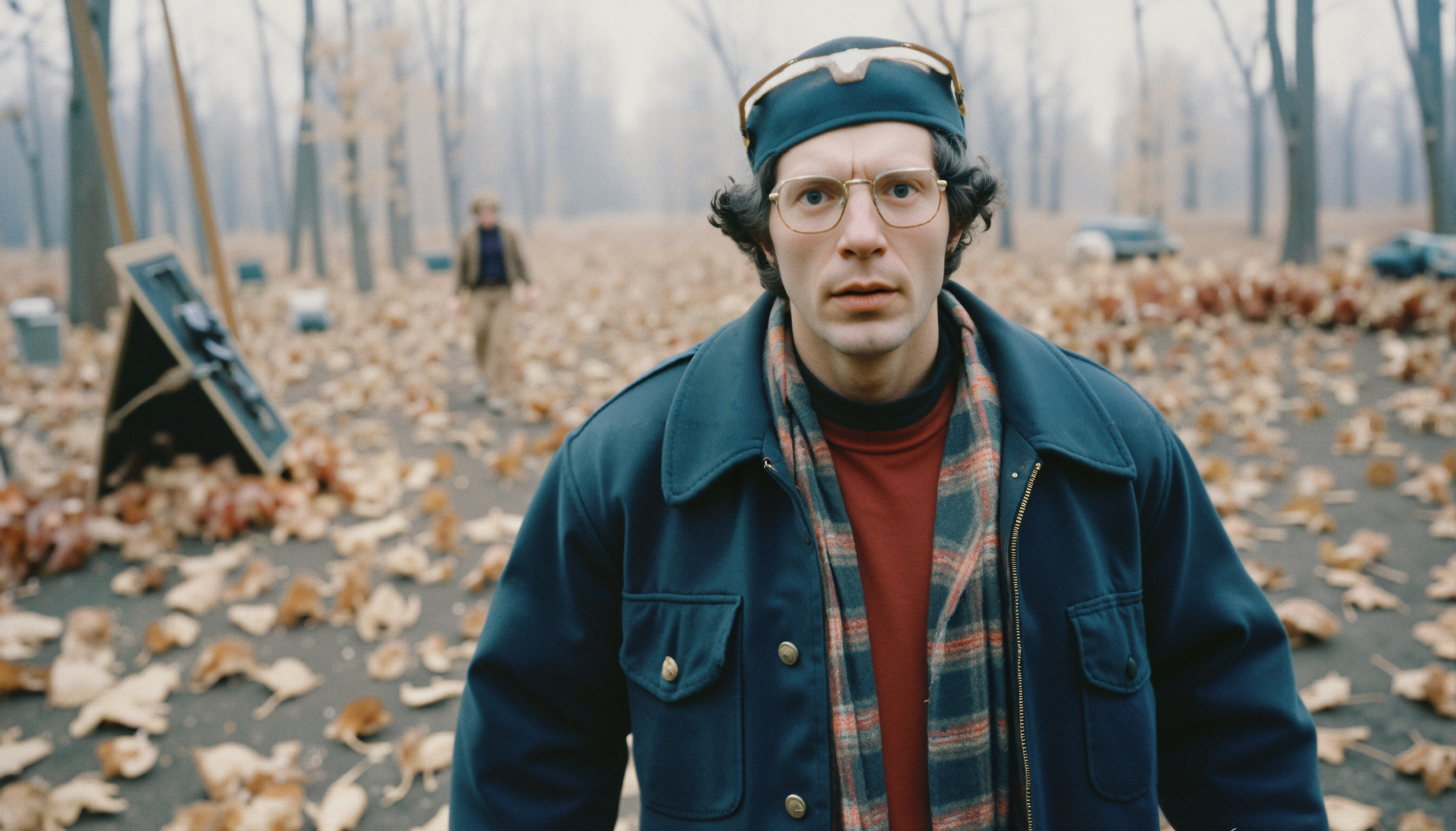 Man wearing glasses and scarf standing amidst falling leaves in autumnal forest scene