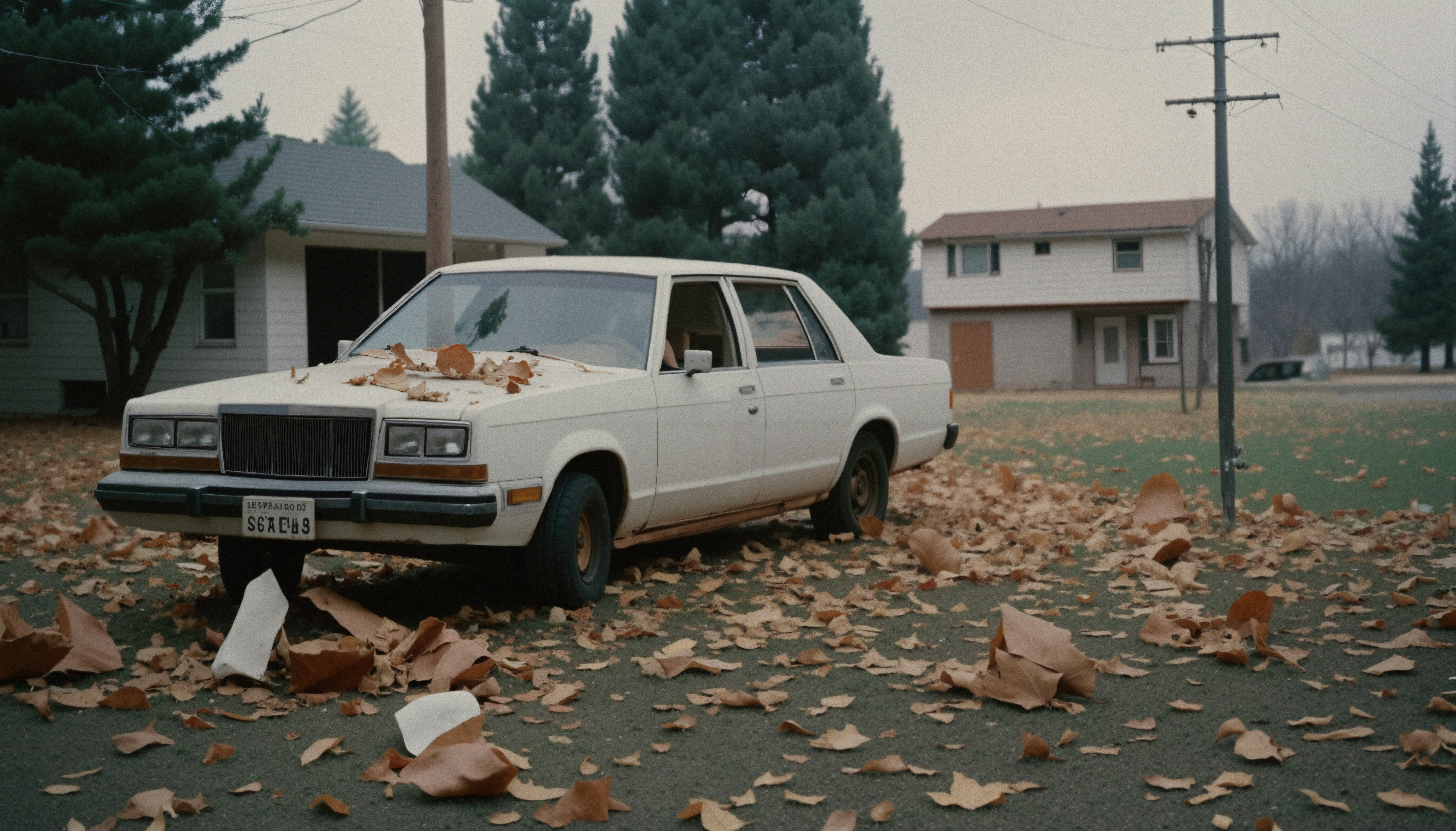 White sedan covered in autumn leaves parked on a suburban street.