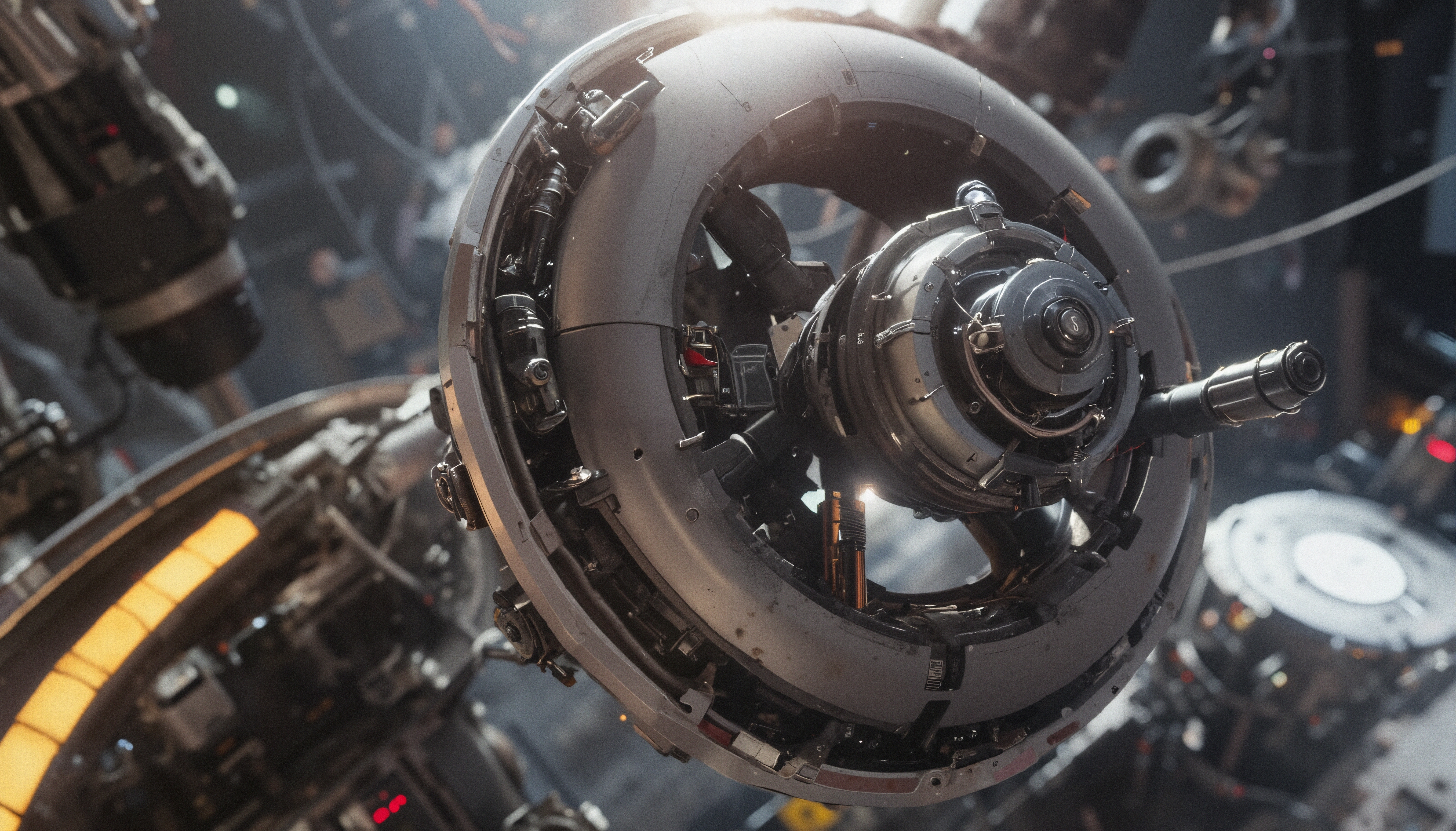 Complex machinery with a circular framework and intricate components in a blurred technical environment, emphasized by reflective lighting.