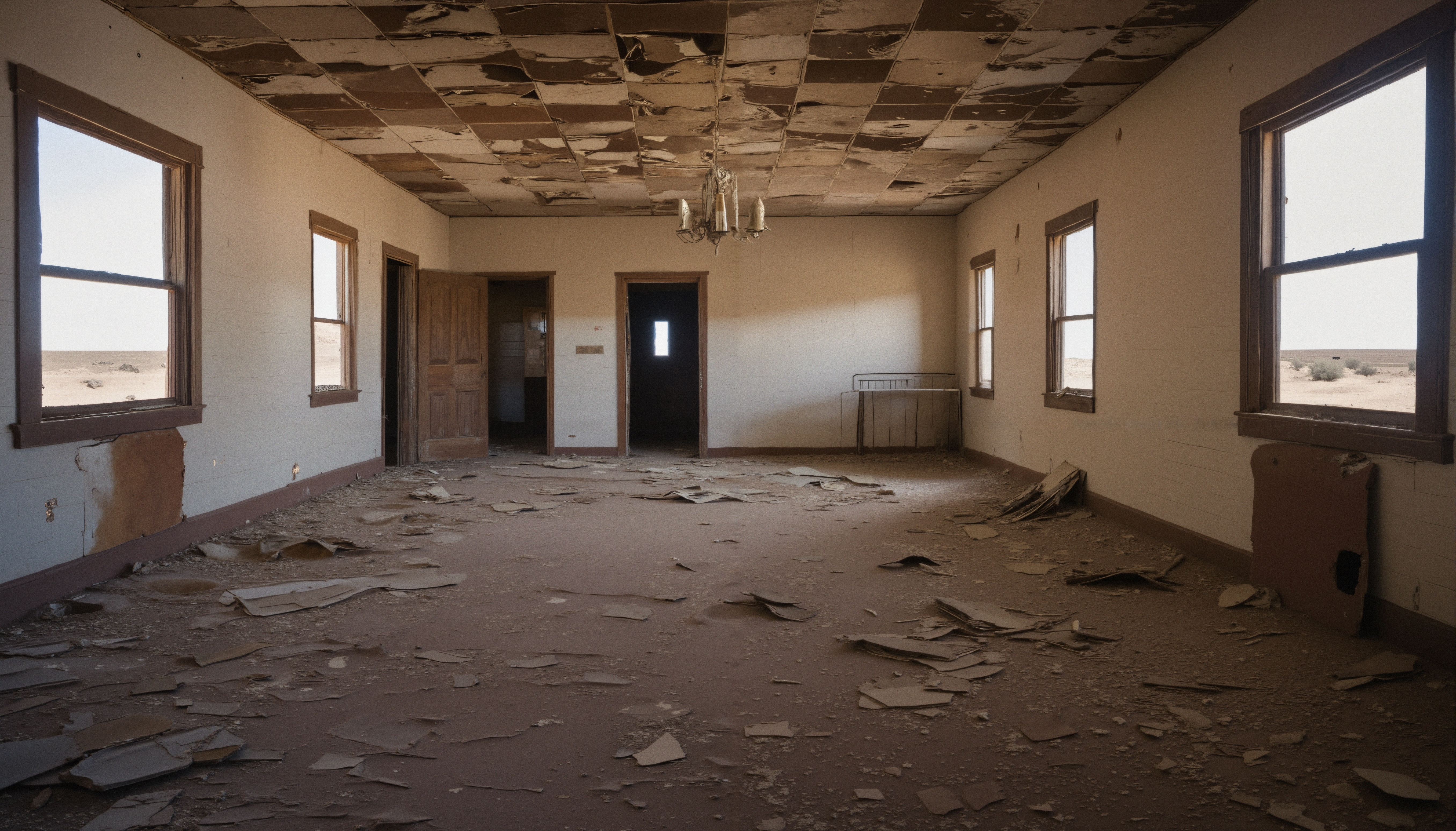 Interior of an abandoned room with peeling paint, debris, and desert view.