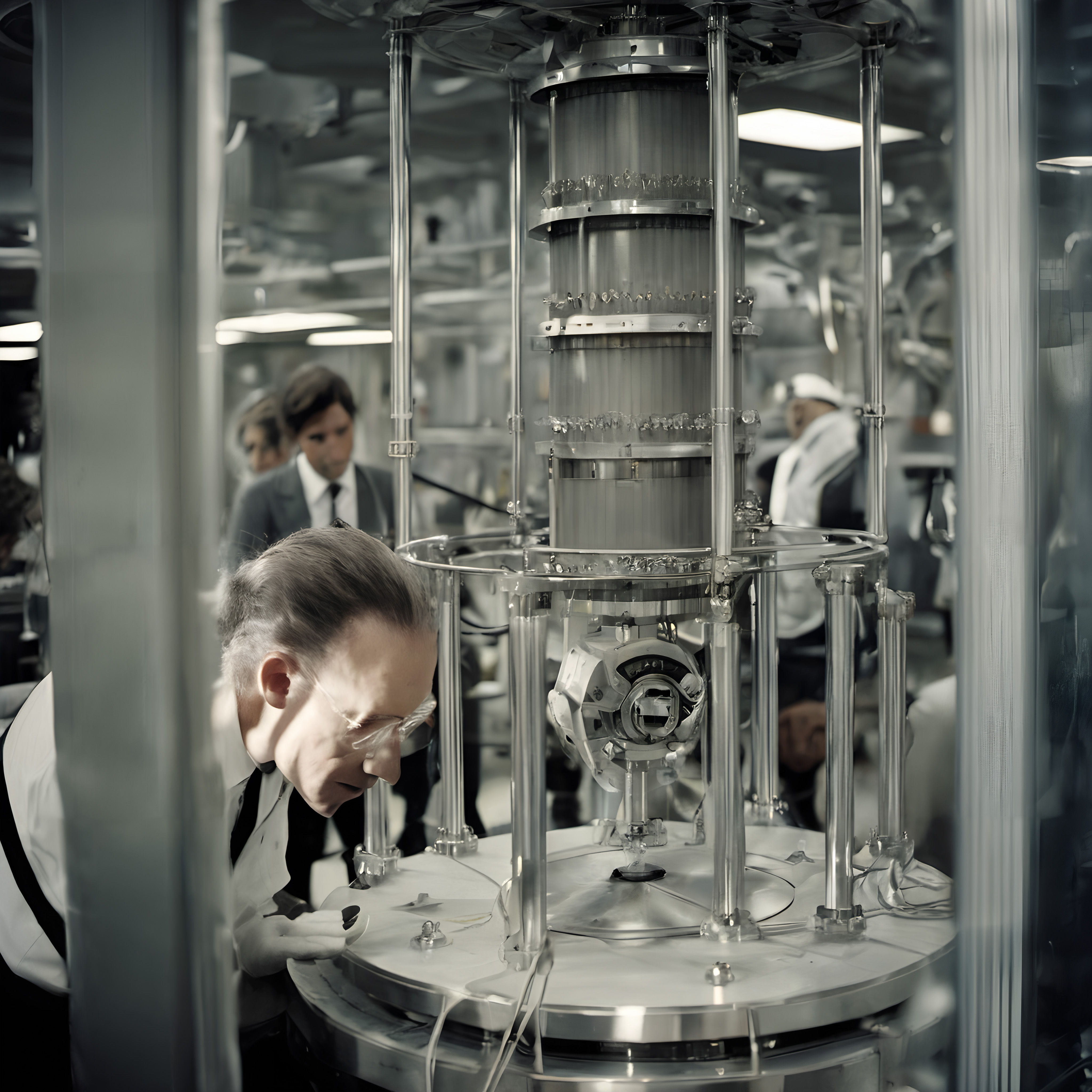 Elderly physicist adjusts complex experimental setup inside sealed lab chamber