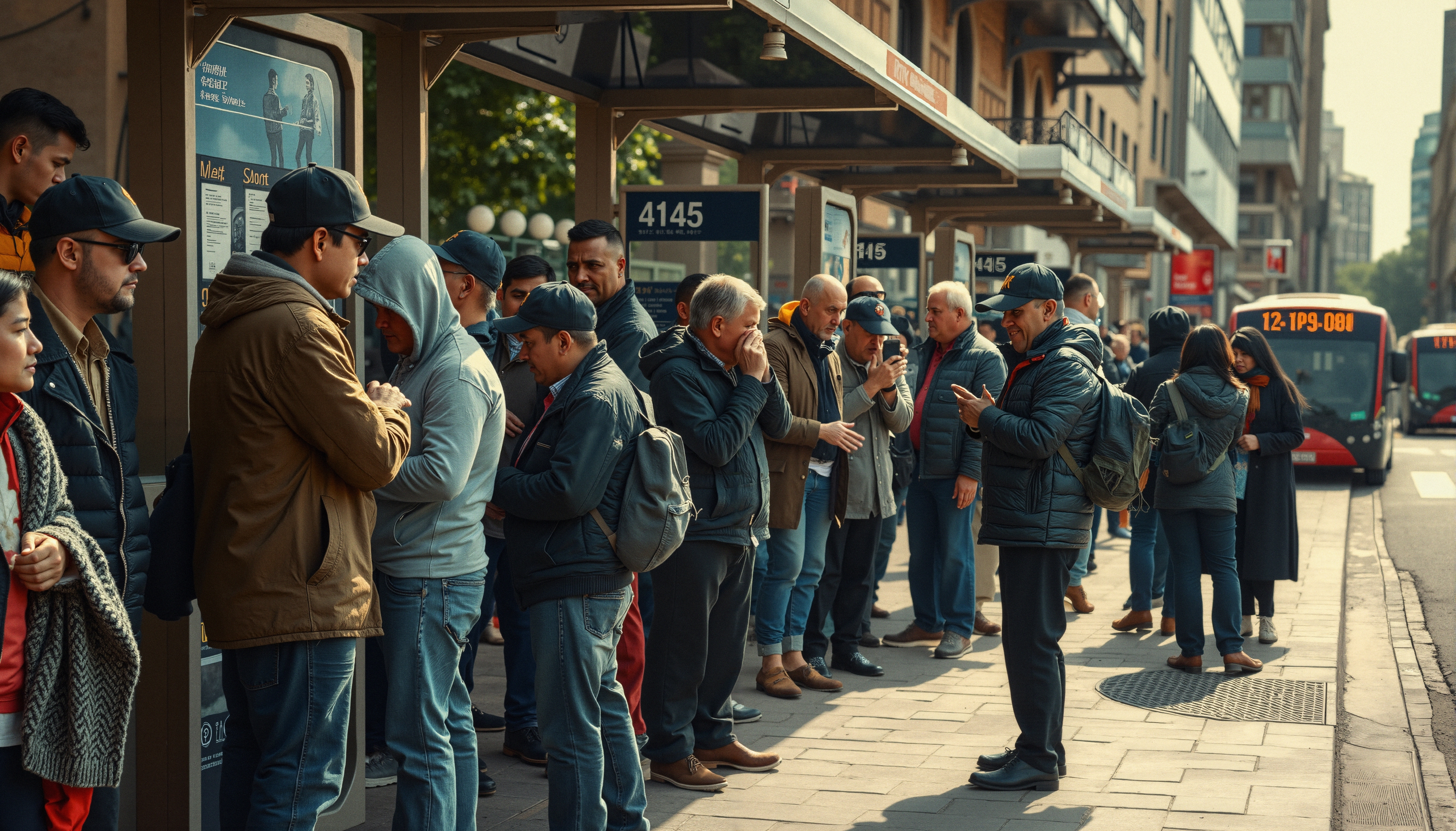 A diverse group waits at a busy urban bus stop, with city buses approaching in the background.