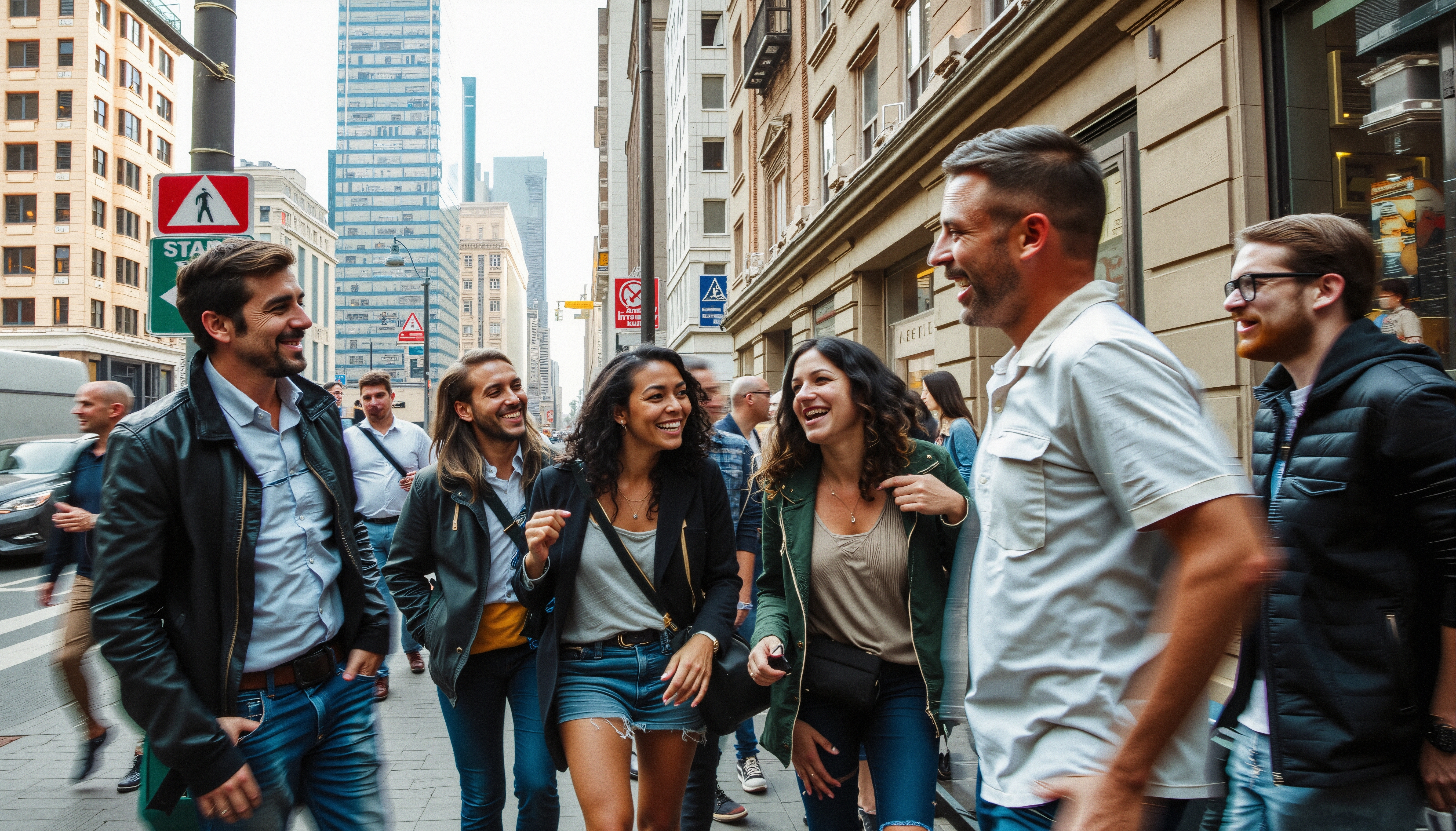 A group of friends walking and laughing in a city street.