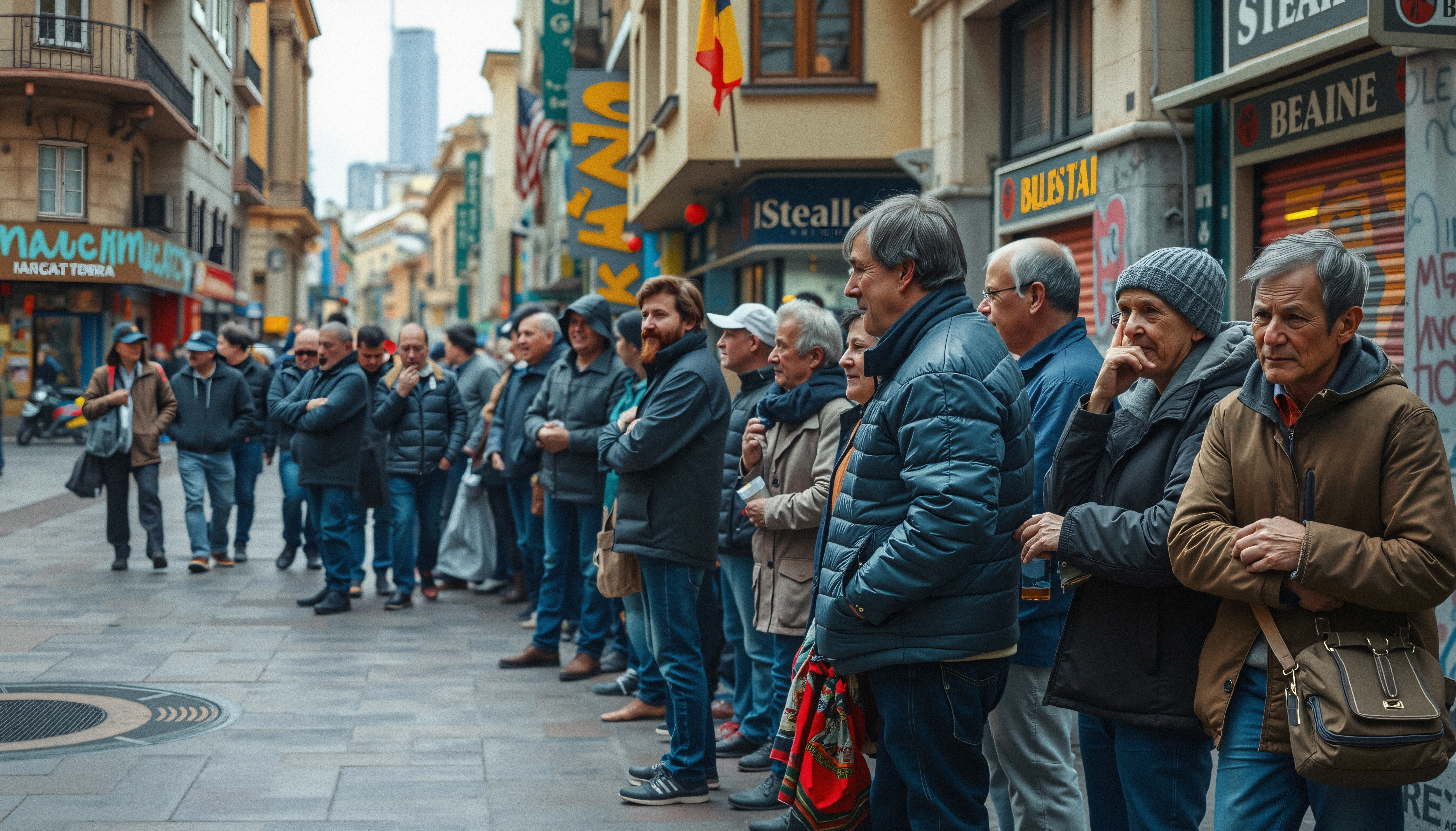 A group of men gathers on a lively urban street, observing something out of frame, wearing various casual and warm clothing.