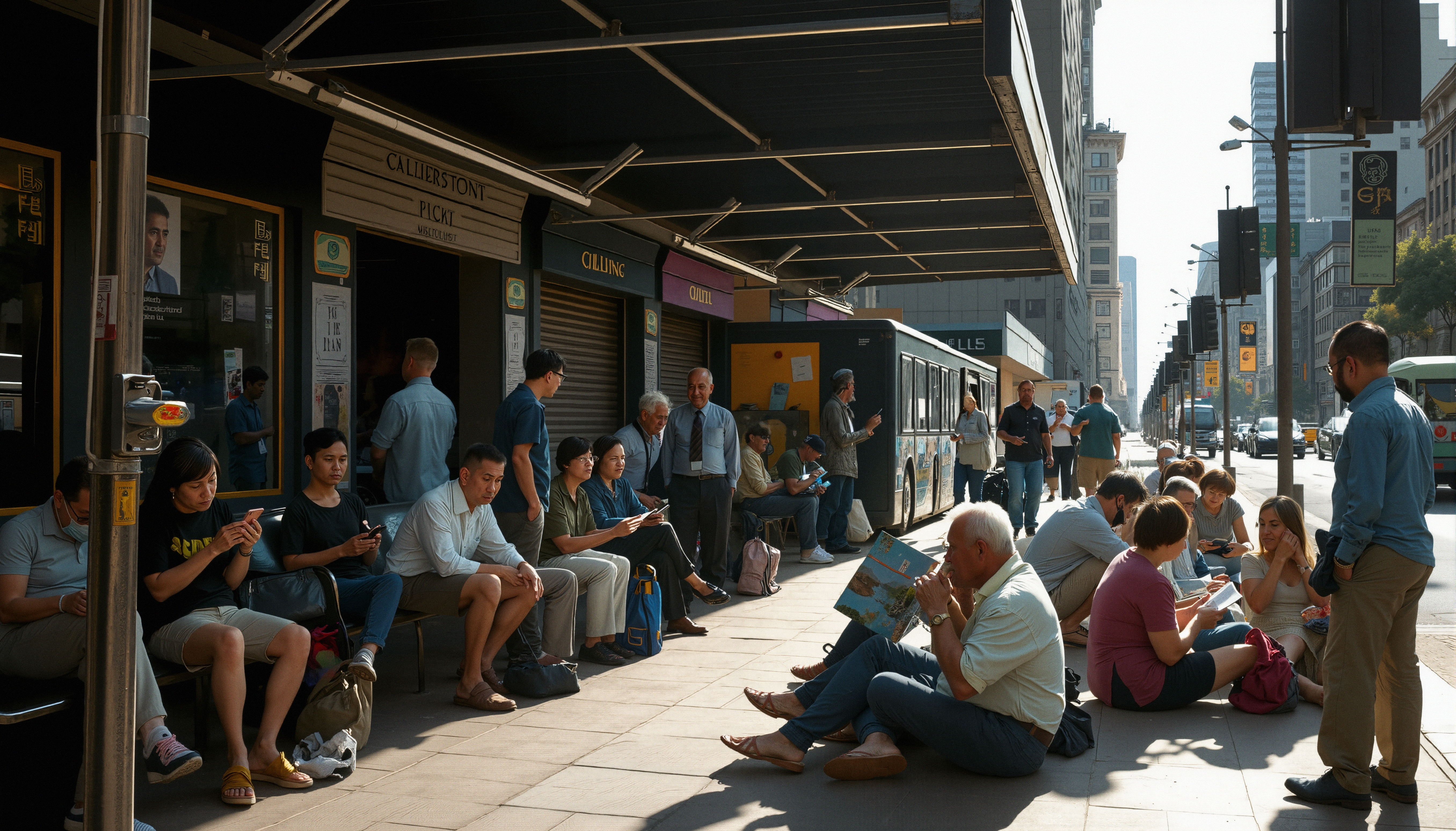 People waiting at bus stop on city street with storefronts, sunny day