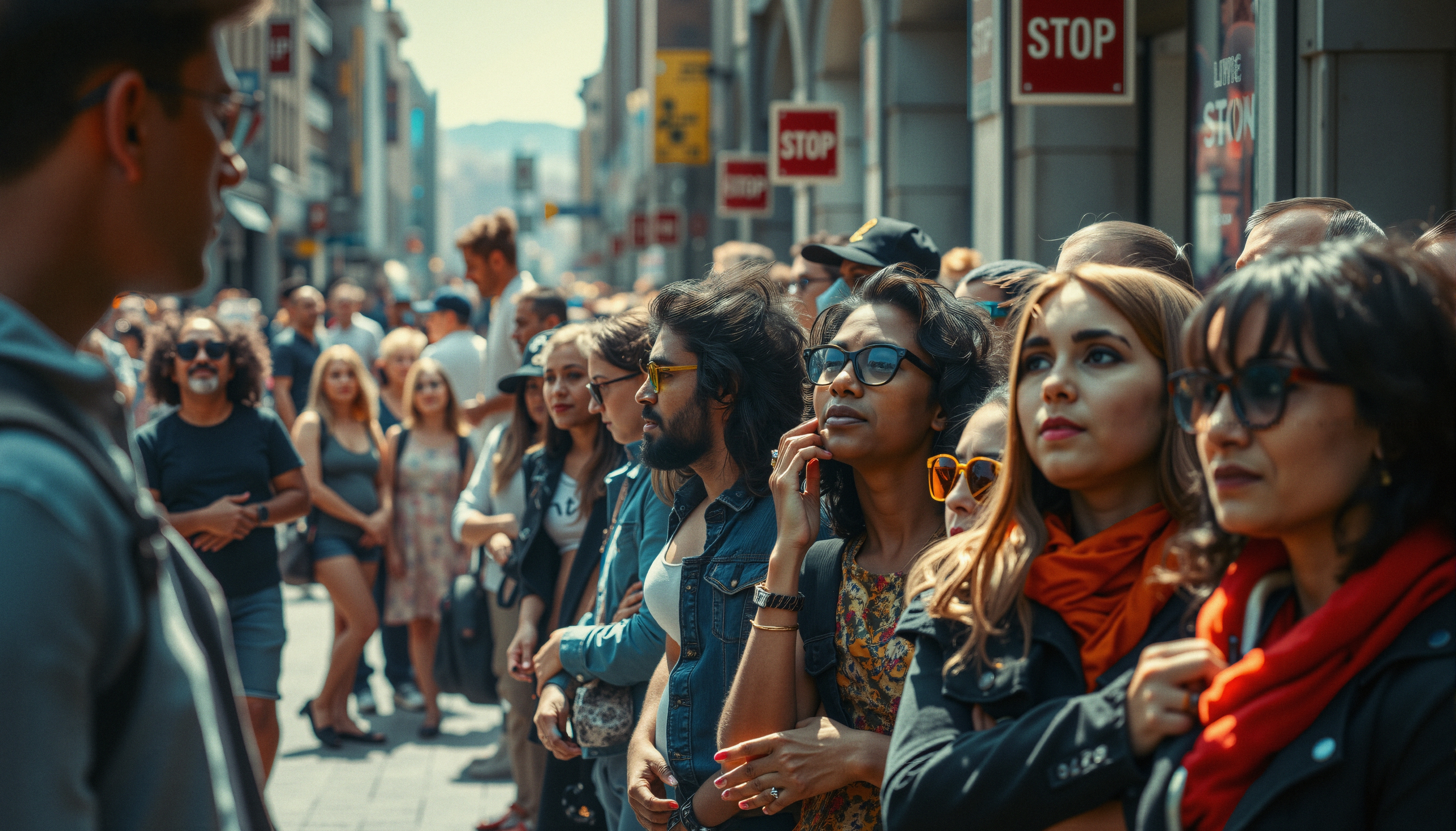 A diverse group of people standing on a bustling city street during a lively daytime event.
