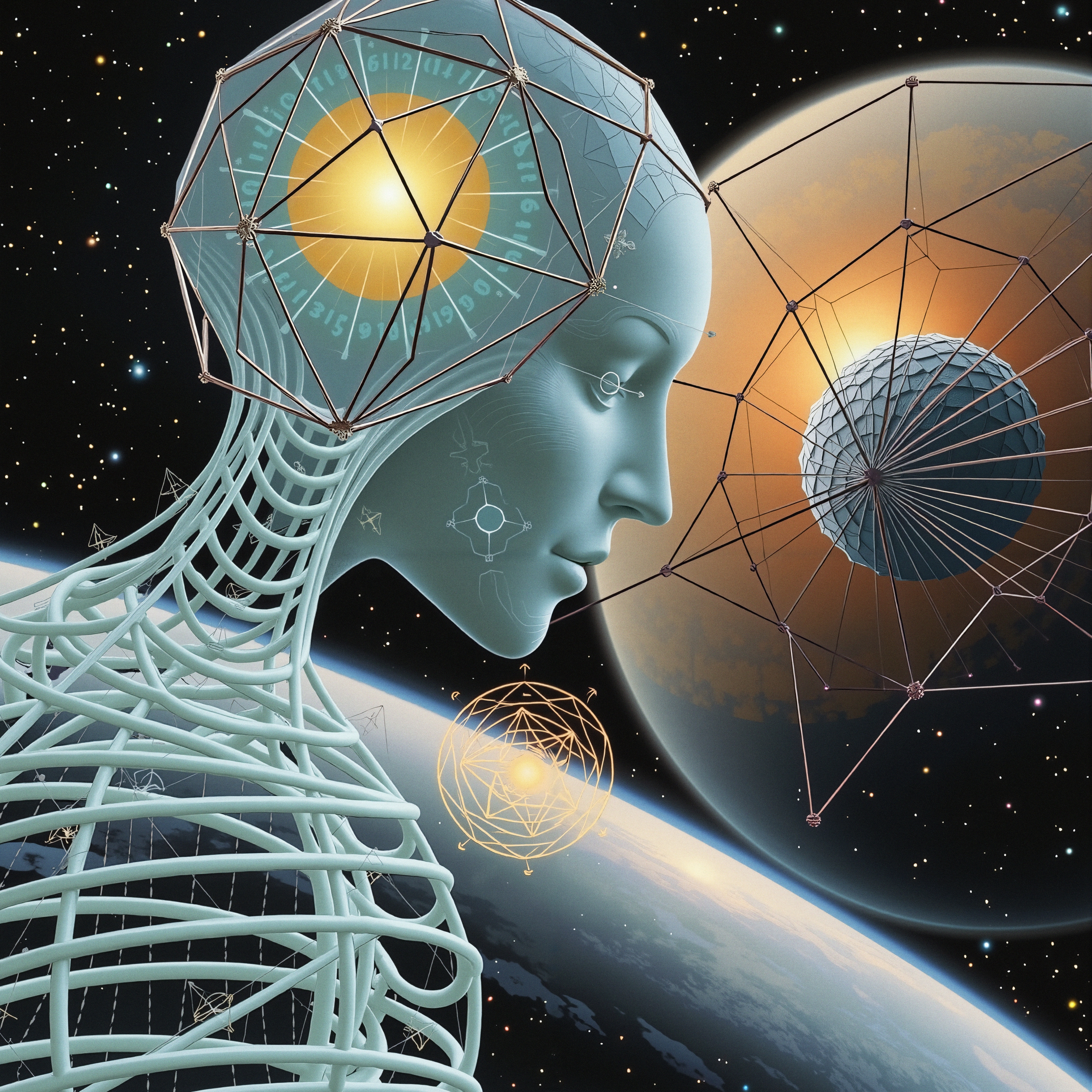 This image features a futuristic humanoid figure composed of intricate frameworks with glowing elements, set against an expansive space backdrop with planets and stars.