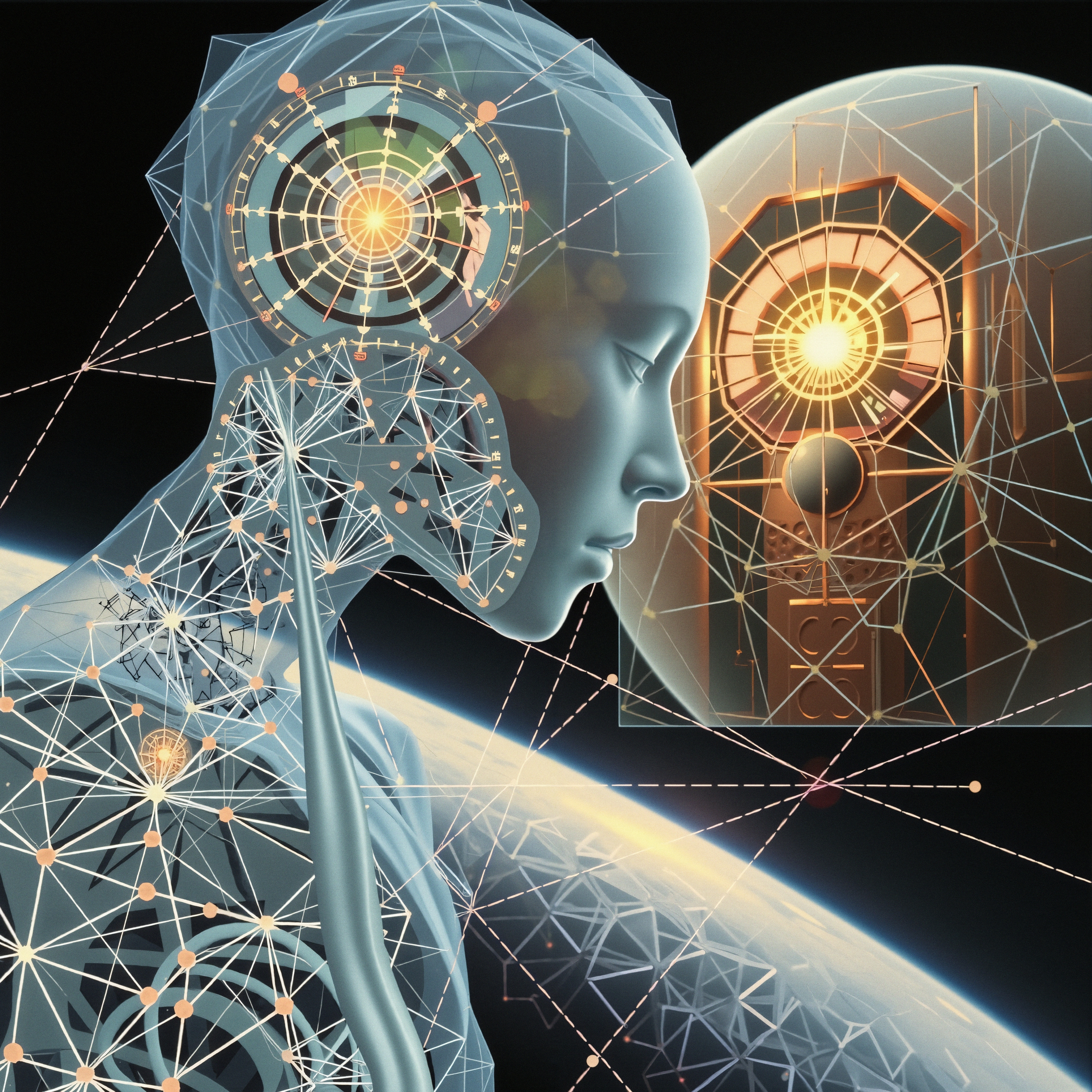 A futuristic depiction of AI integration with technology through a humanoid figure and digital network patterns against a planetary backdrop.