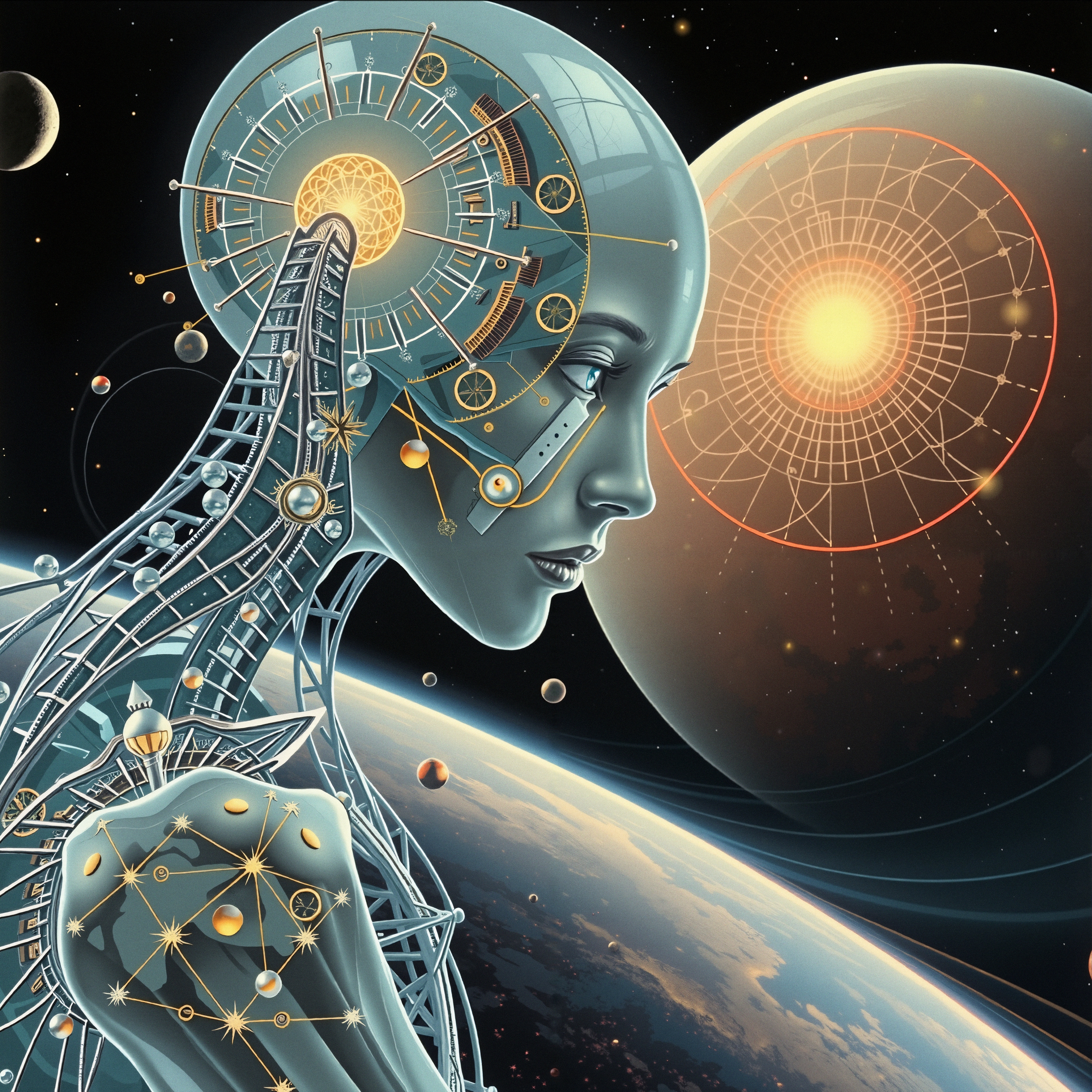 Futuristic robotic humanoid with cosmic backdrop.