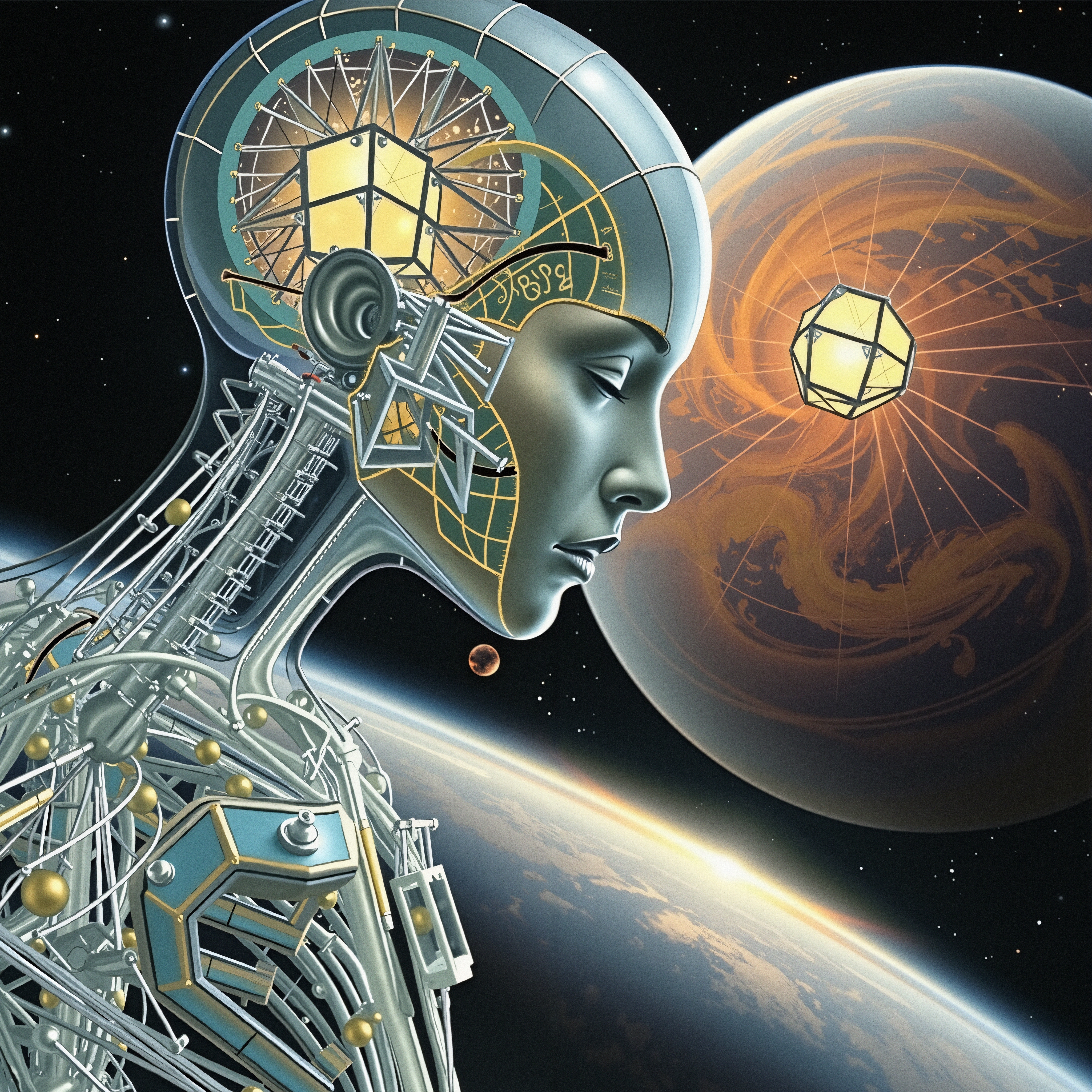 Futuristic humanoid robot in cosmic space, symbolizing AI and cosmic connection with geometric shapes and stars.
