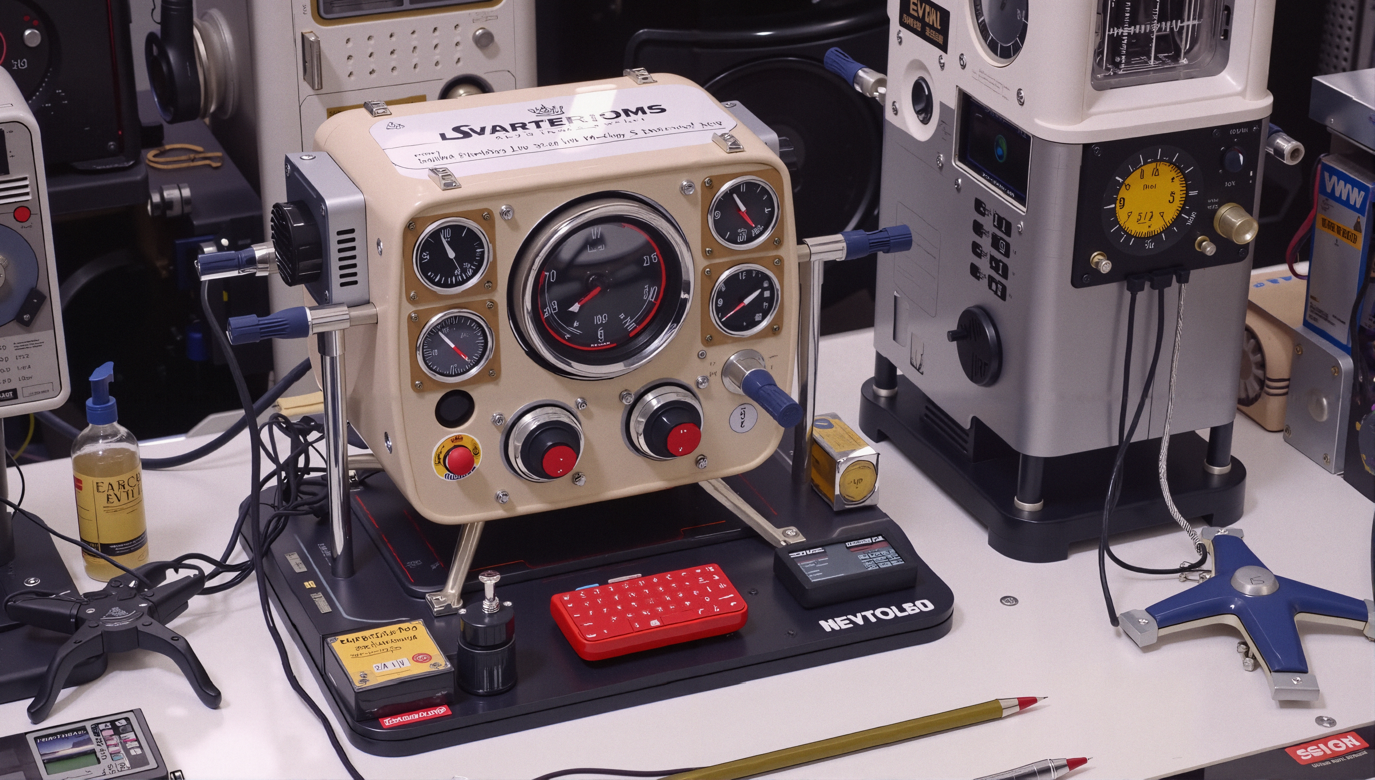 Complex vintage analog testing apparatus on cluttered workbench showcasing technology.
