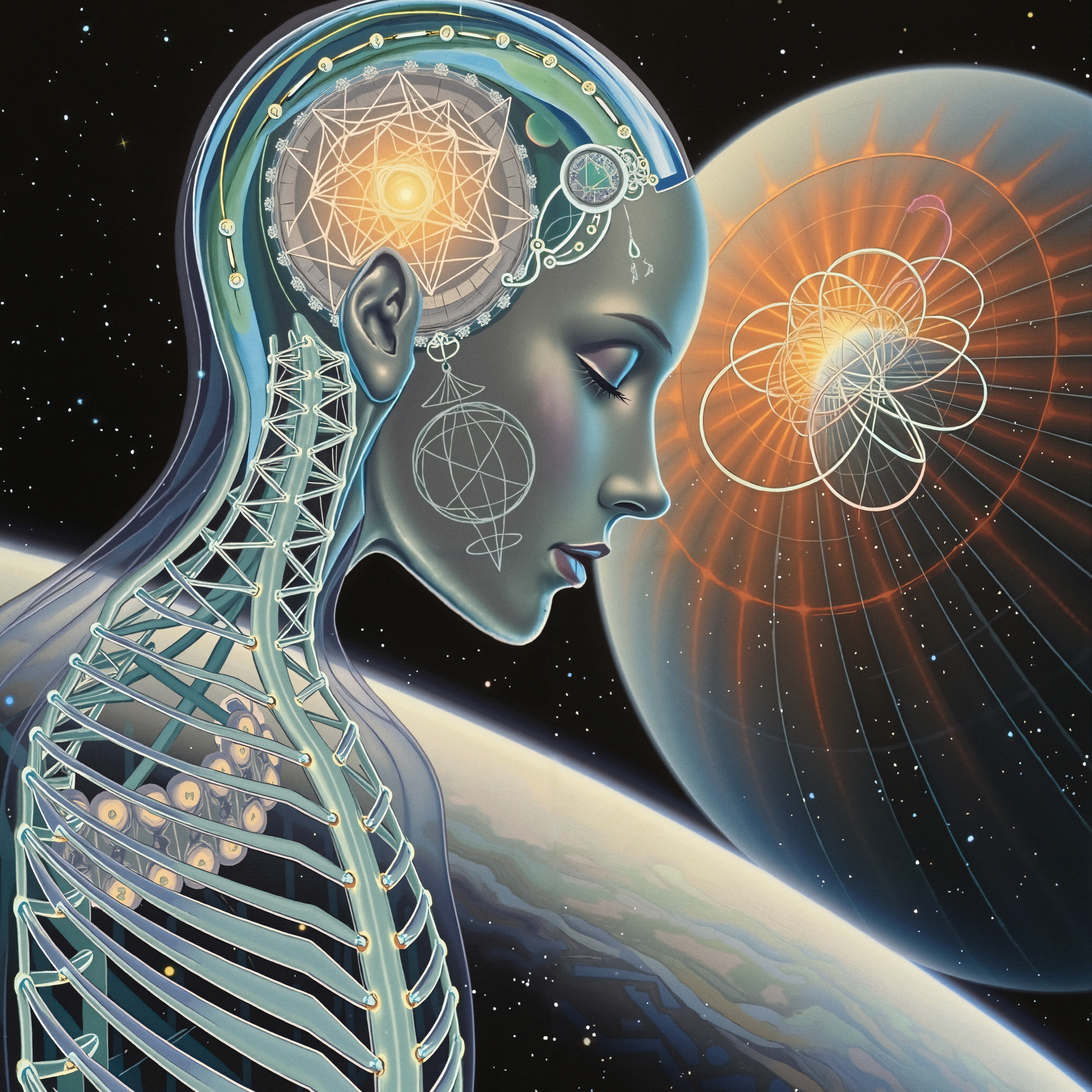 Futuristic humanoid with cosmic background, showcasing intricate internal circuitry and glowing geometric shapes.