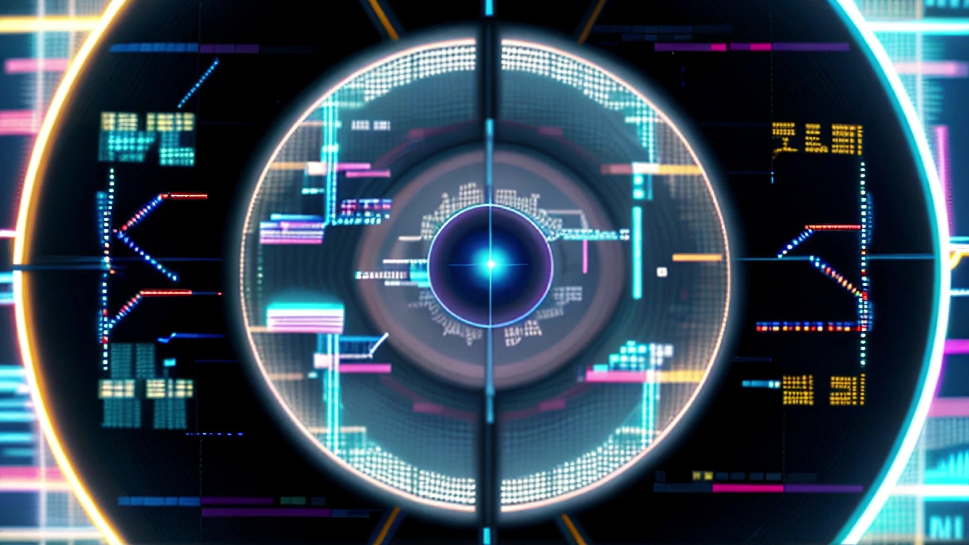 A futuristic digital interface with concentric circles and glowing patterns in vibrant neon colors.