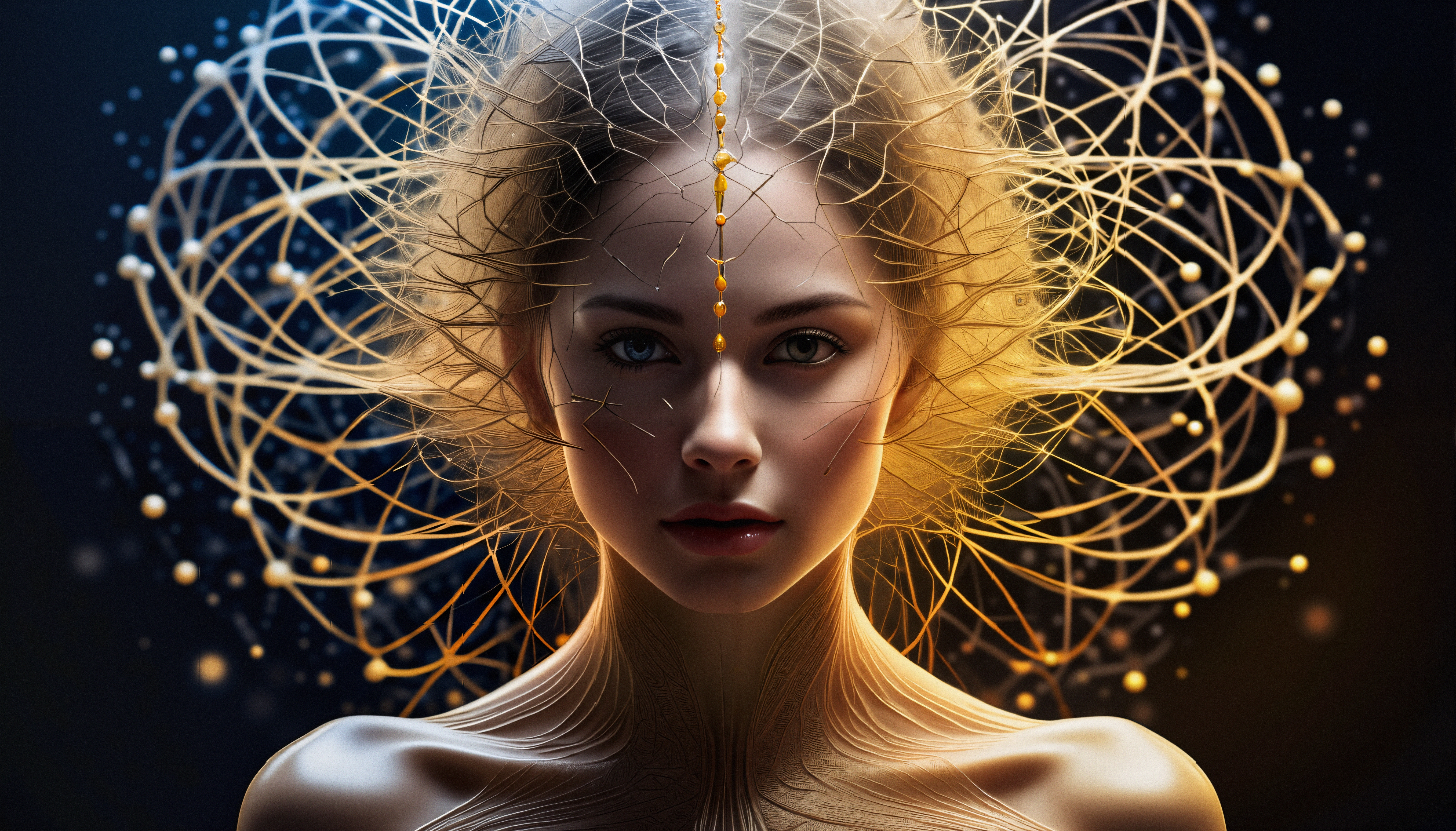 Neural Network Concept with Golden Light and Abstract Human