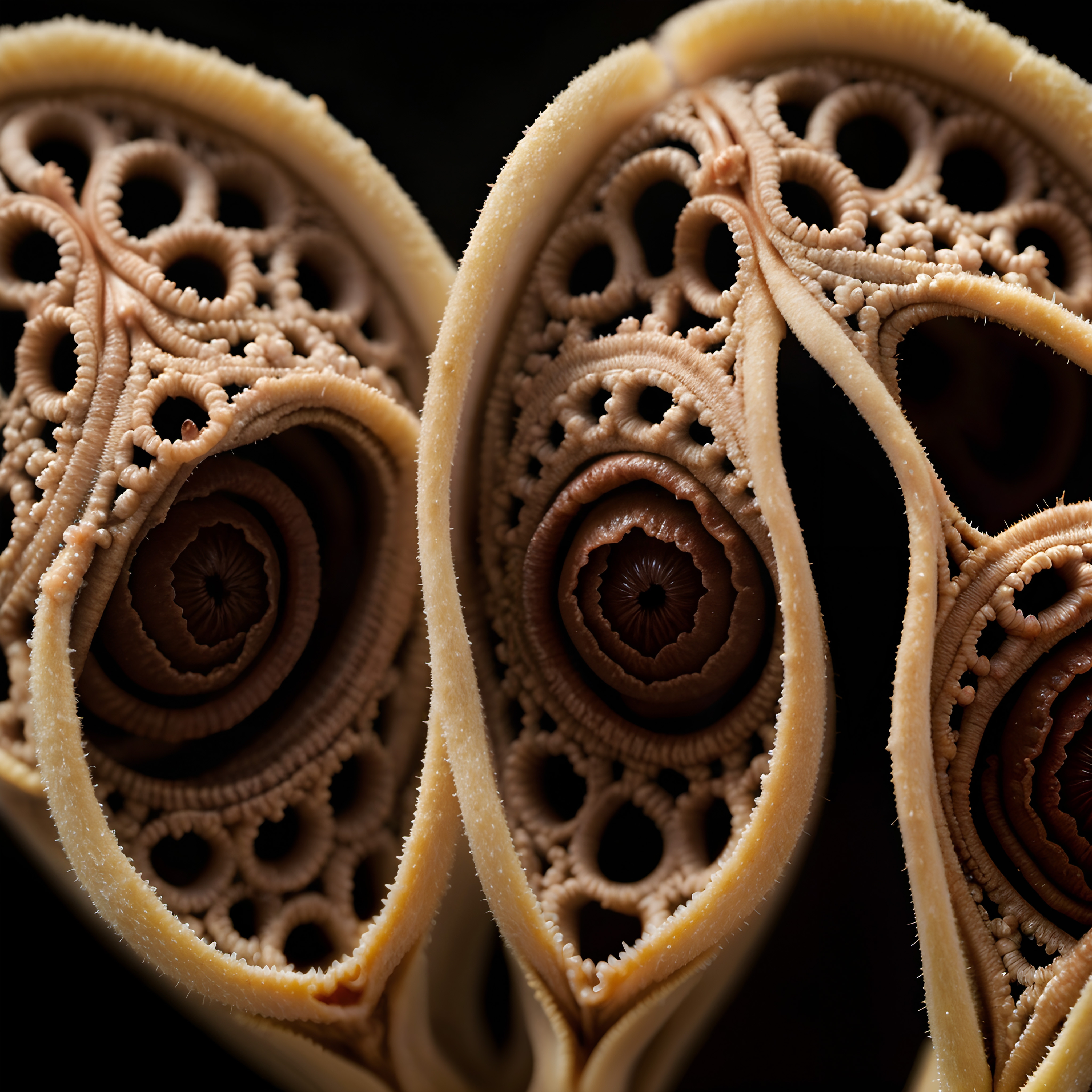 Close-up macro shot of intricately detailed spiral pasta with fine texture and unique concentric patterns.