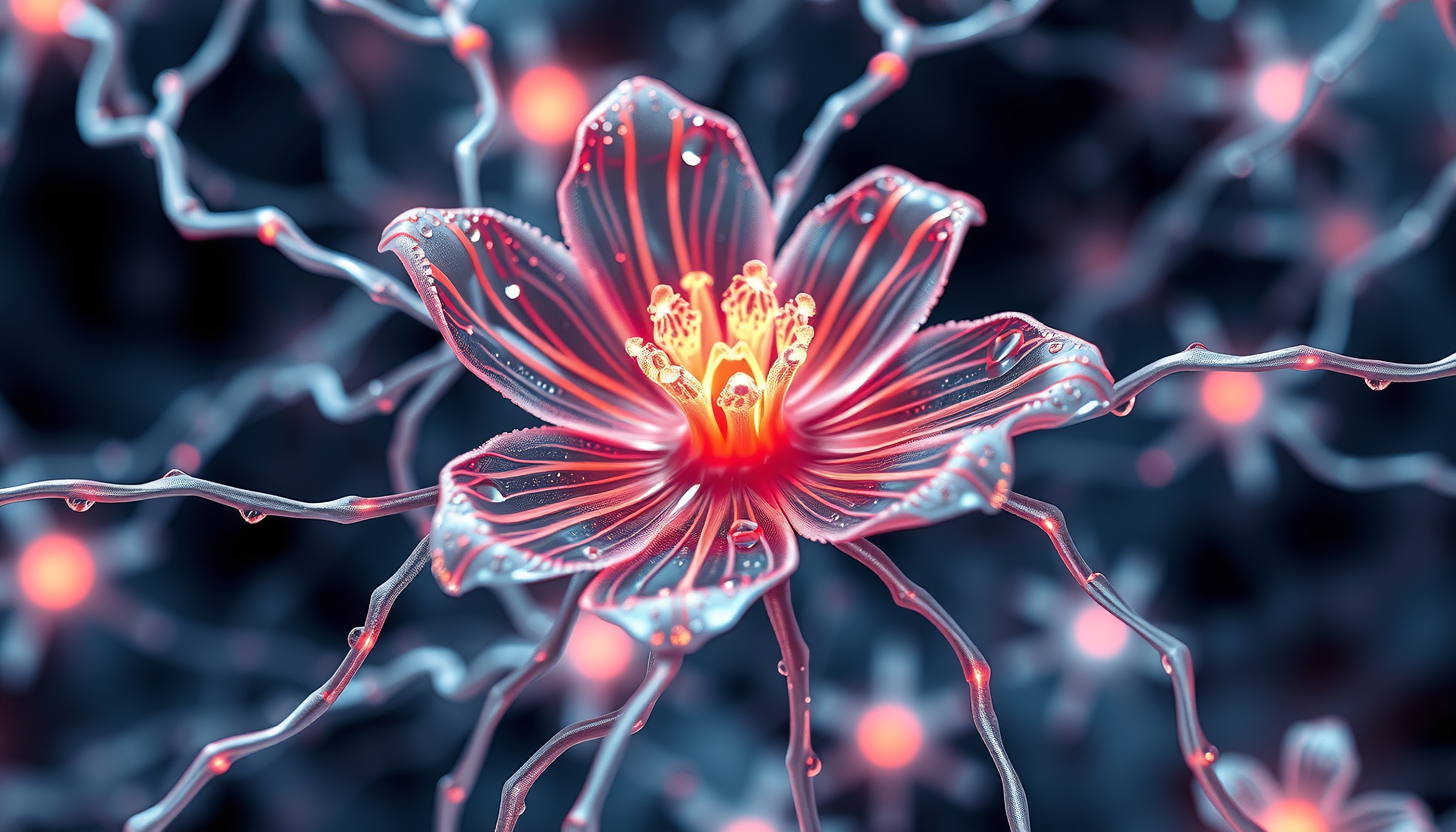 A luminous digital flower with iridescent petals, set against a contrasting dark background.