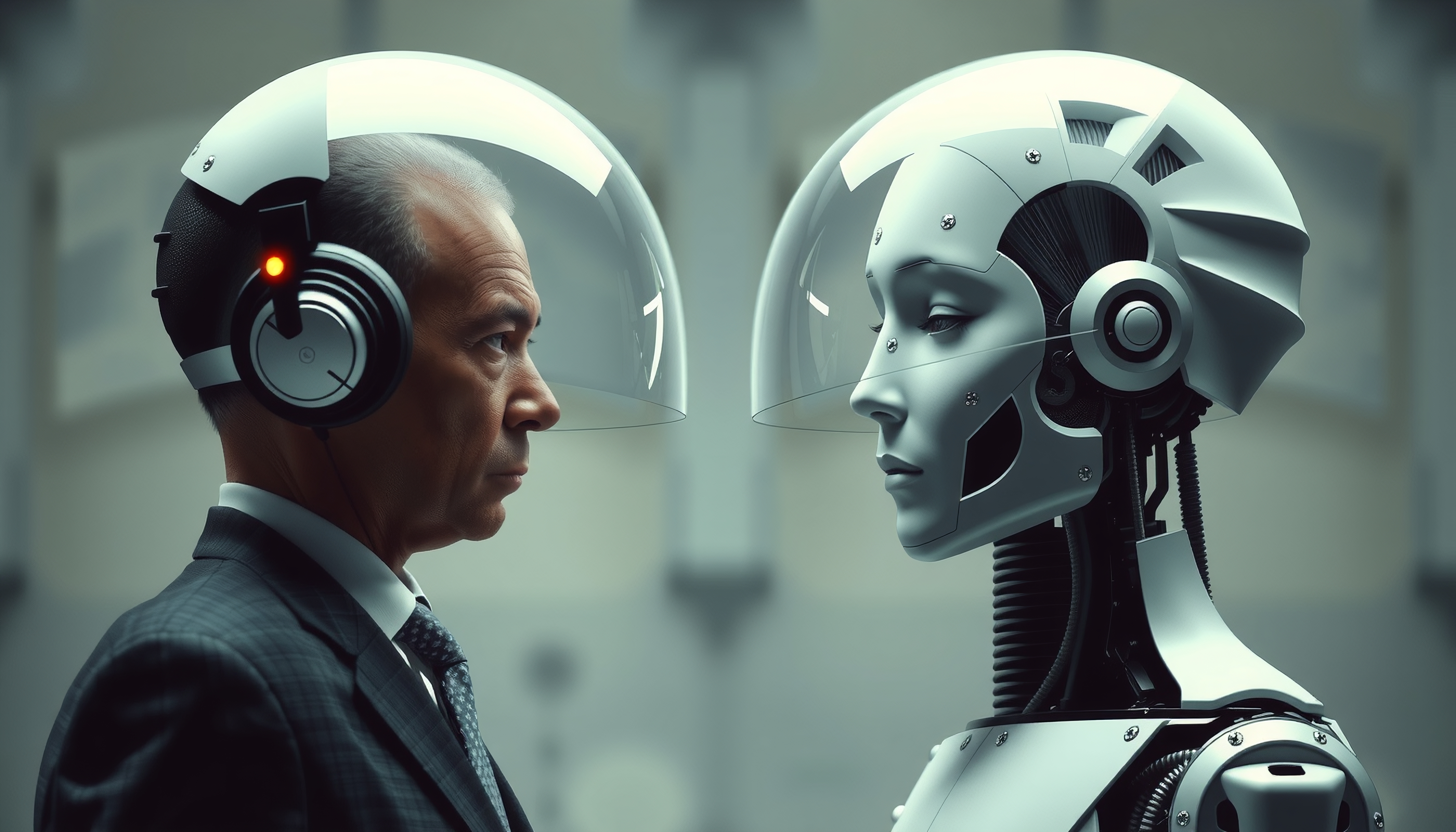 Futuristic meeting between human and robot with high-tech helmets.