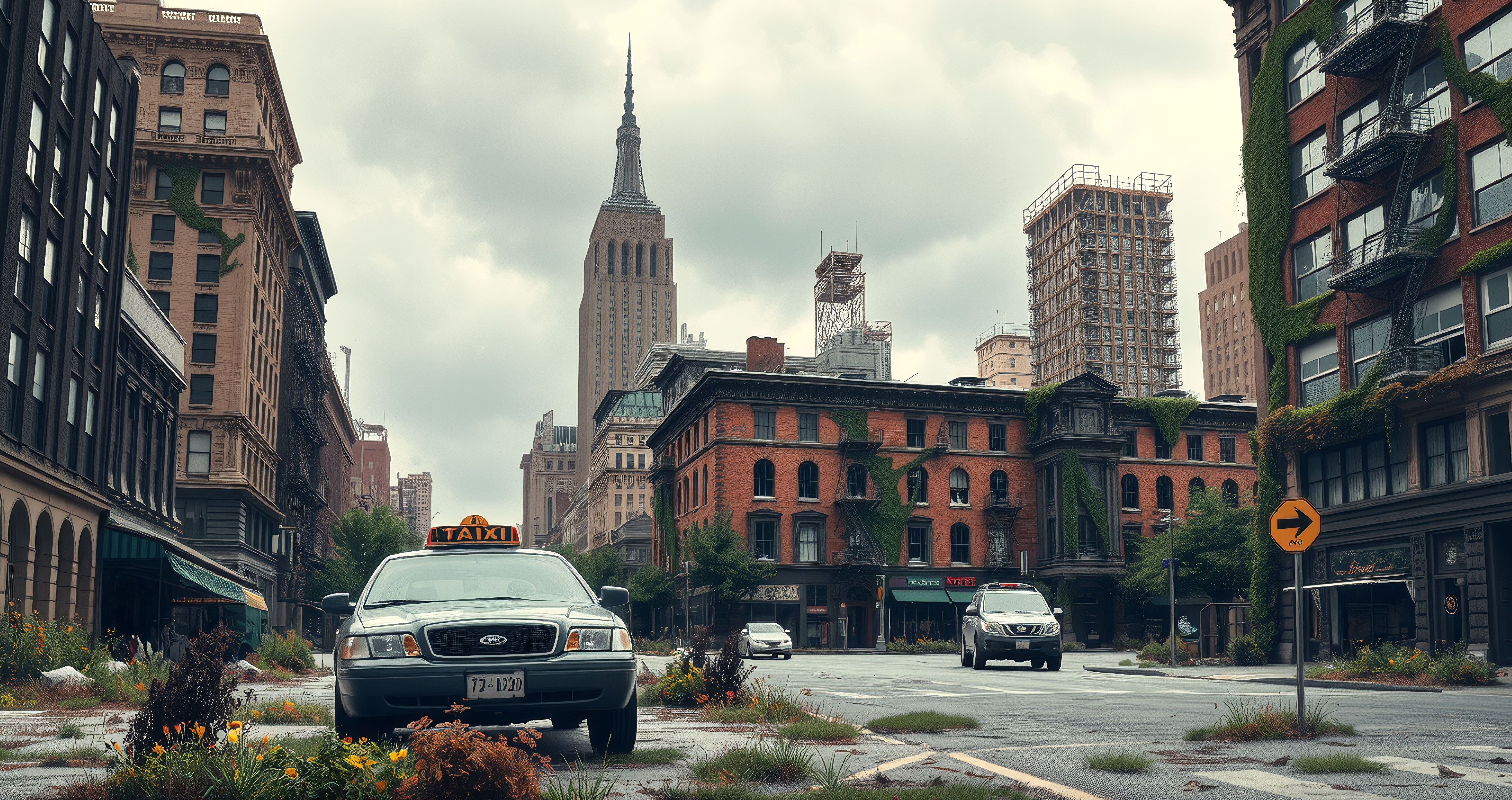 A taxi parked on a deserted street with overgrown vegetation and iconic skyscraper backdrop, depicting urban nature reclaiming space.