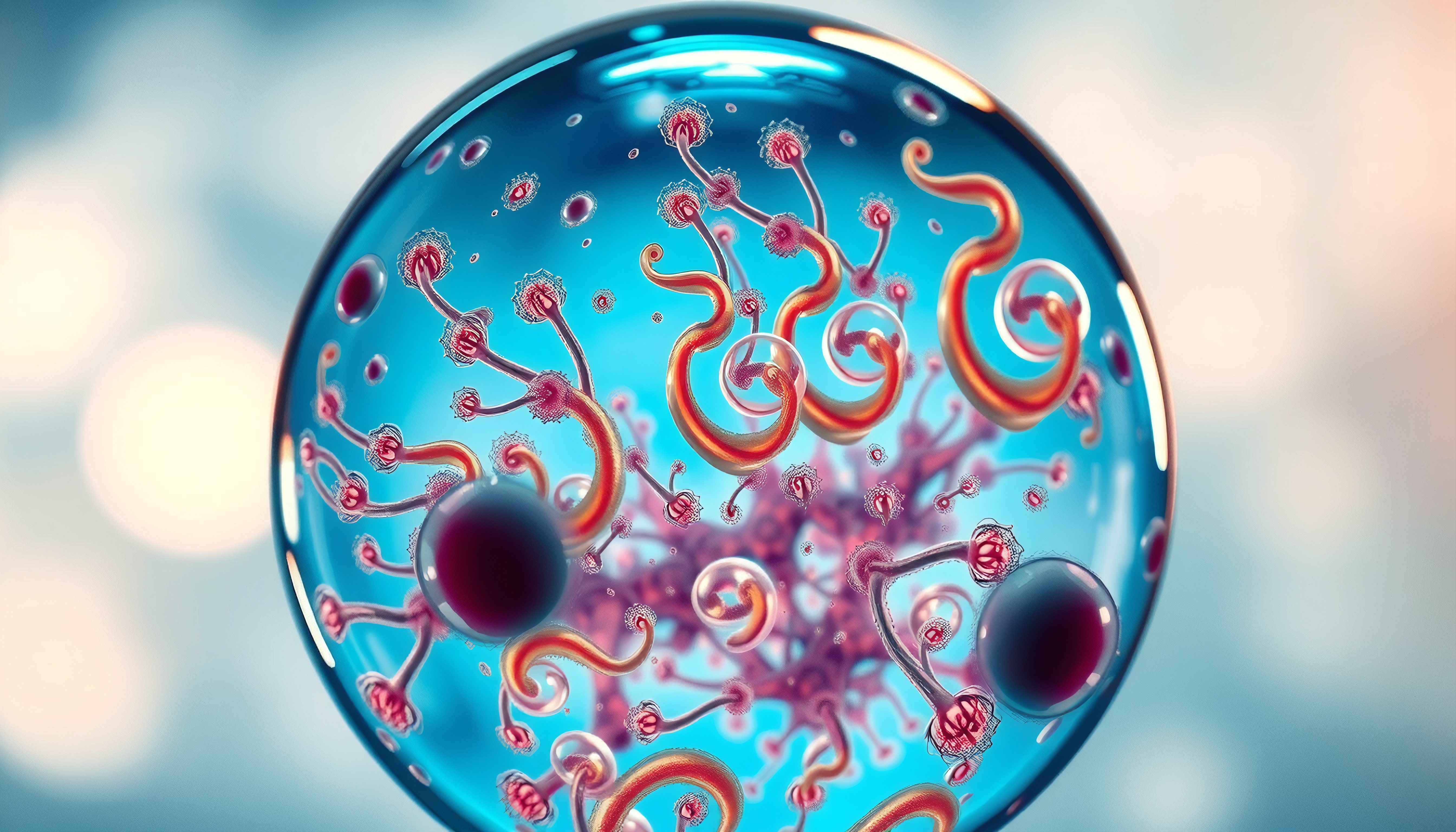 A vibrant, abstract depiction of a colorful microscopic cell interior.