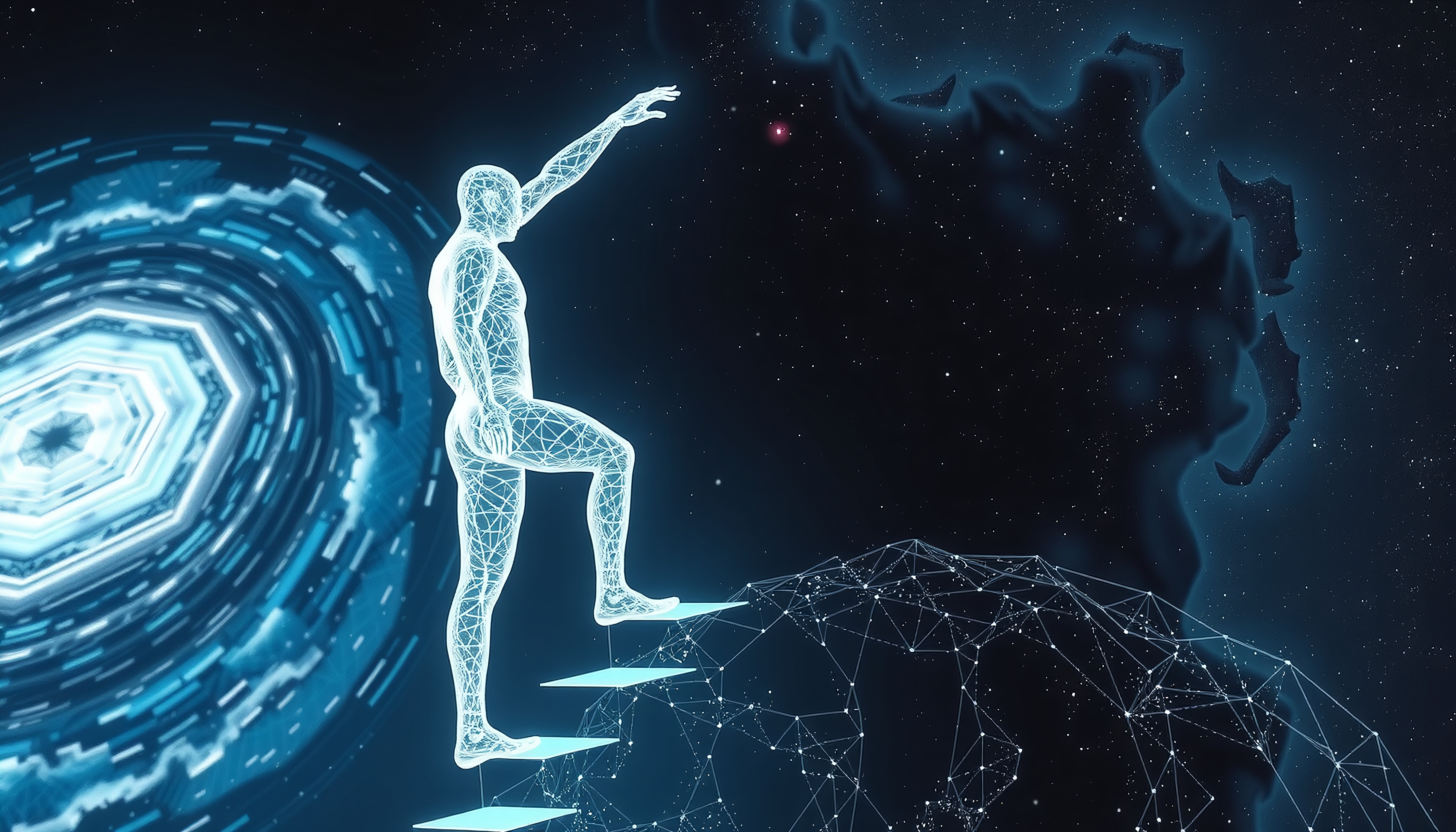 A wireframe figure ascends in a futuristic cosmic scene with glowing patterns and galaxies.