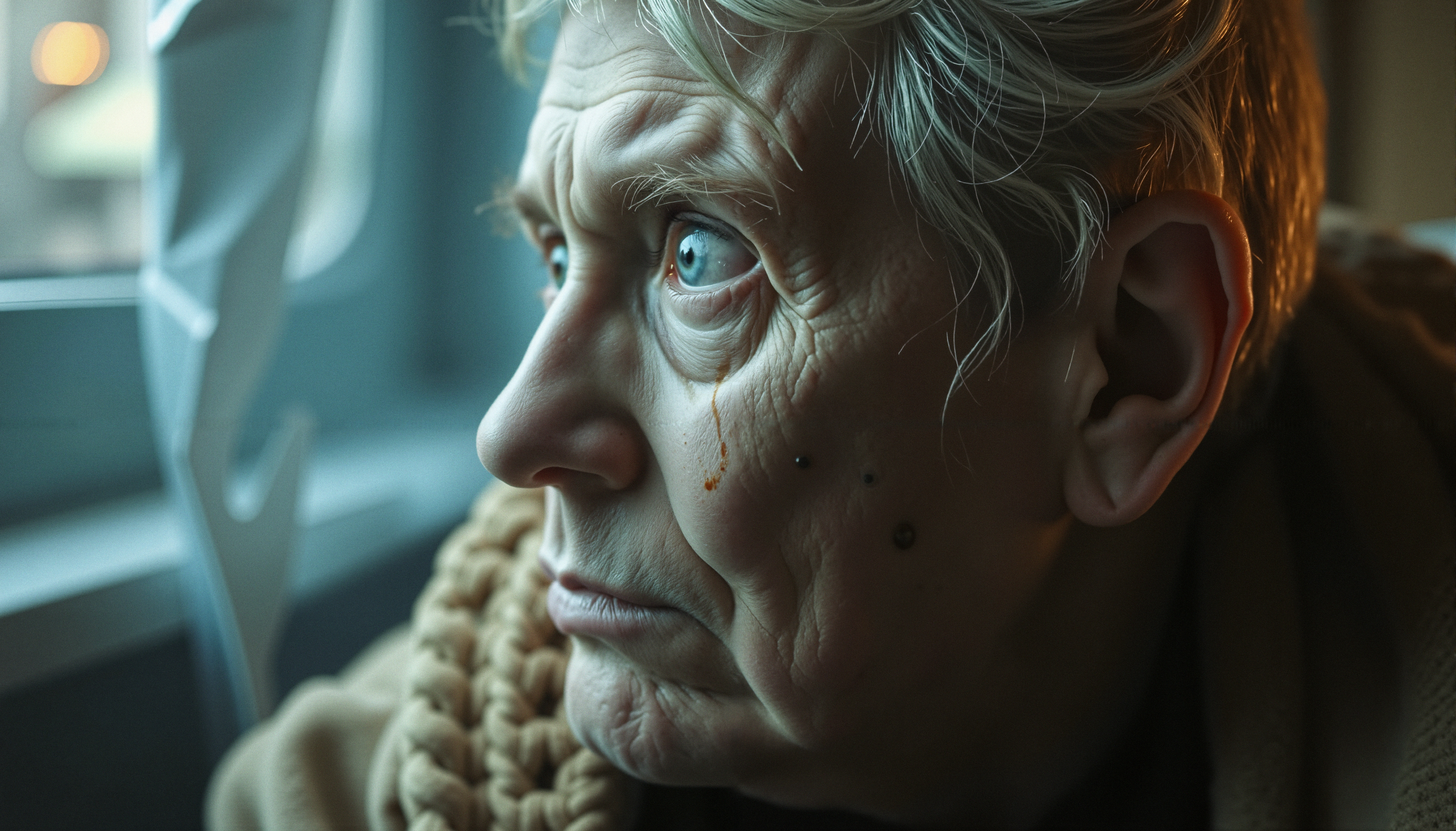 Elderly person with tear on cheek, blue eyes, brown knit fabric, window background