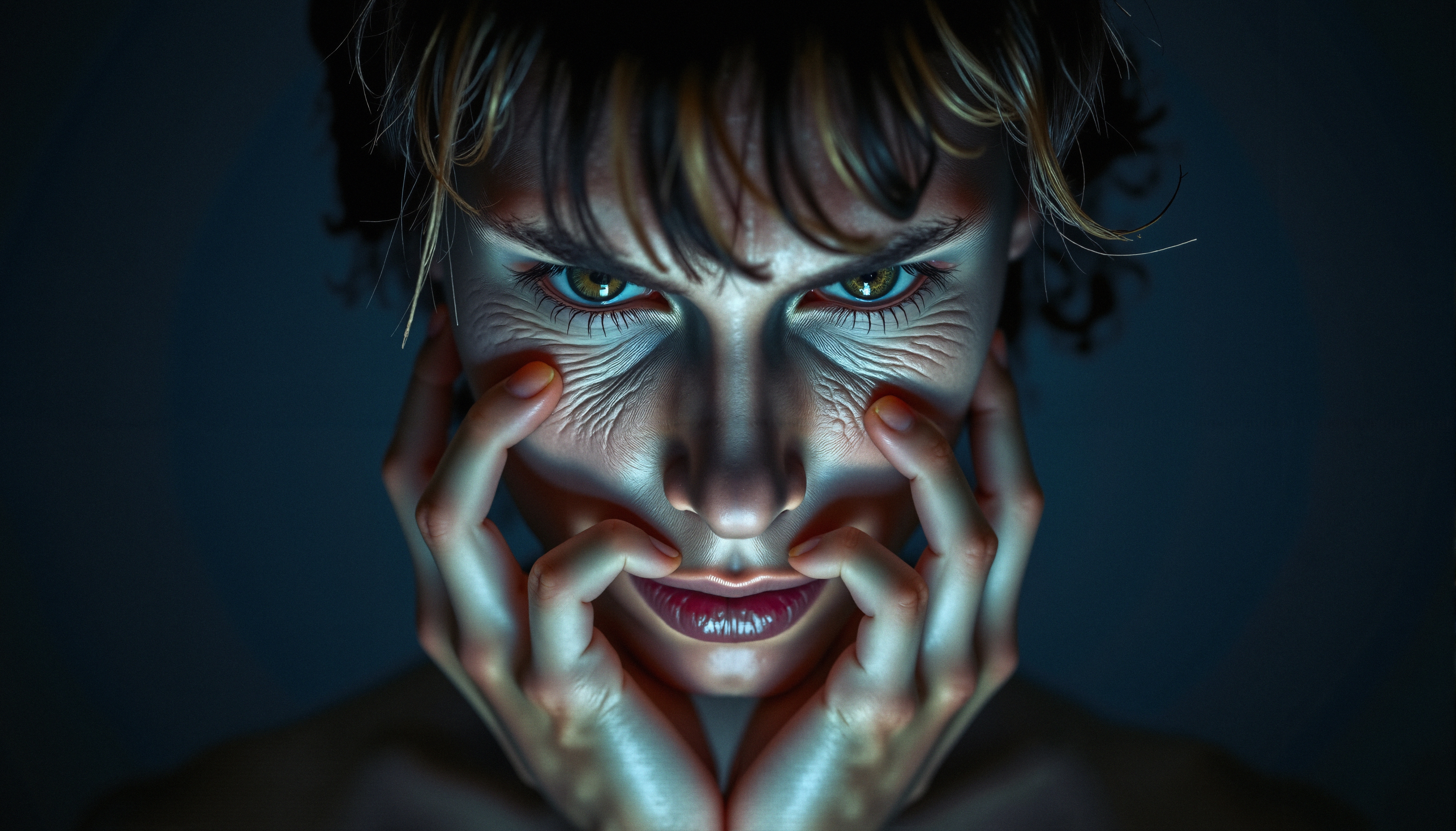 A person with an intense stare illuminated dramatically by below, emphasizing shadows and an eerie atmosphere.