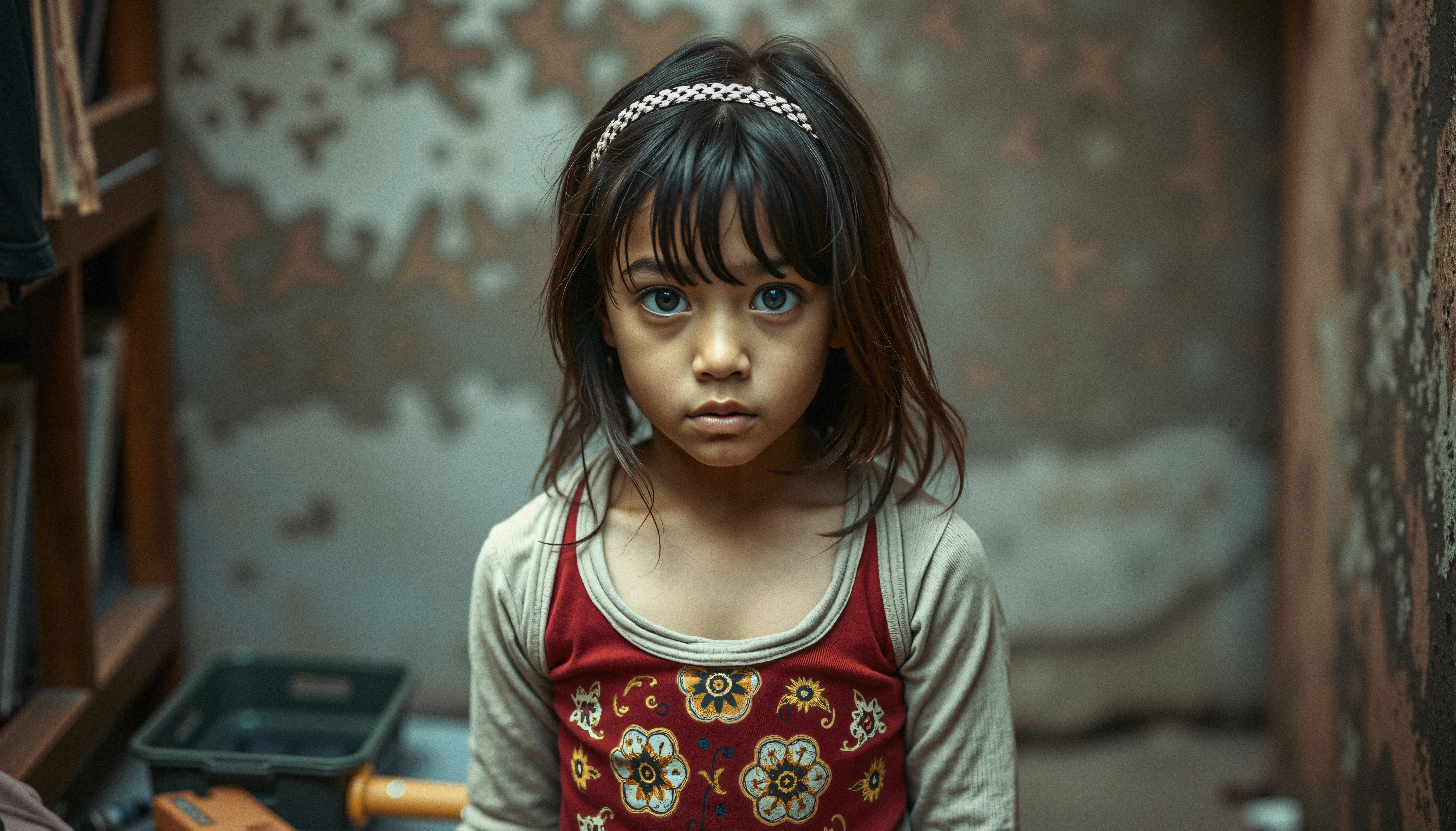Portrait of a young girl standing in a moody room with a thoughtful expression and floral dress.
