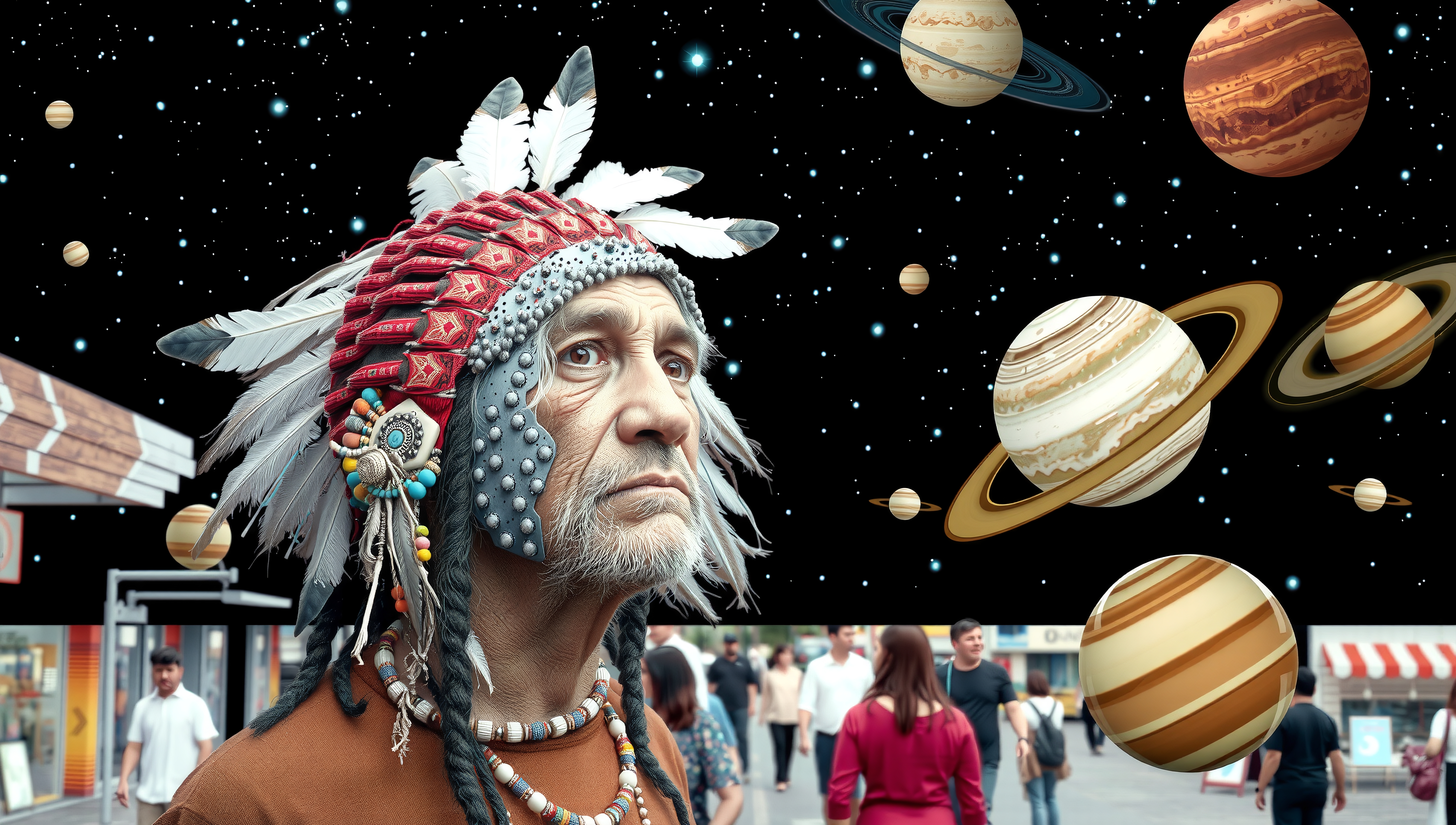 A man wearing a colorful headdress stands with a galaxy of planets behind him, juxtaposed against an urban setting.